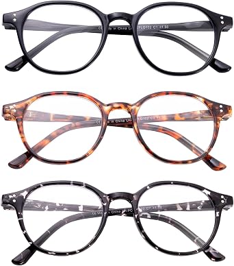 SKYWAY 3 Pack Blue Light Blocking Reading Glasses,Spring Hinge Computer Readers for Women Men Round Eyeglasses