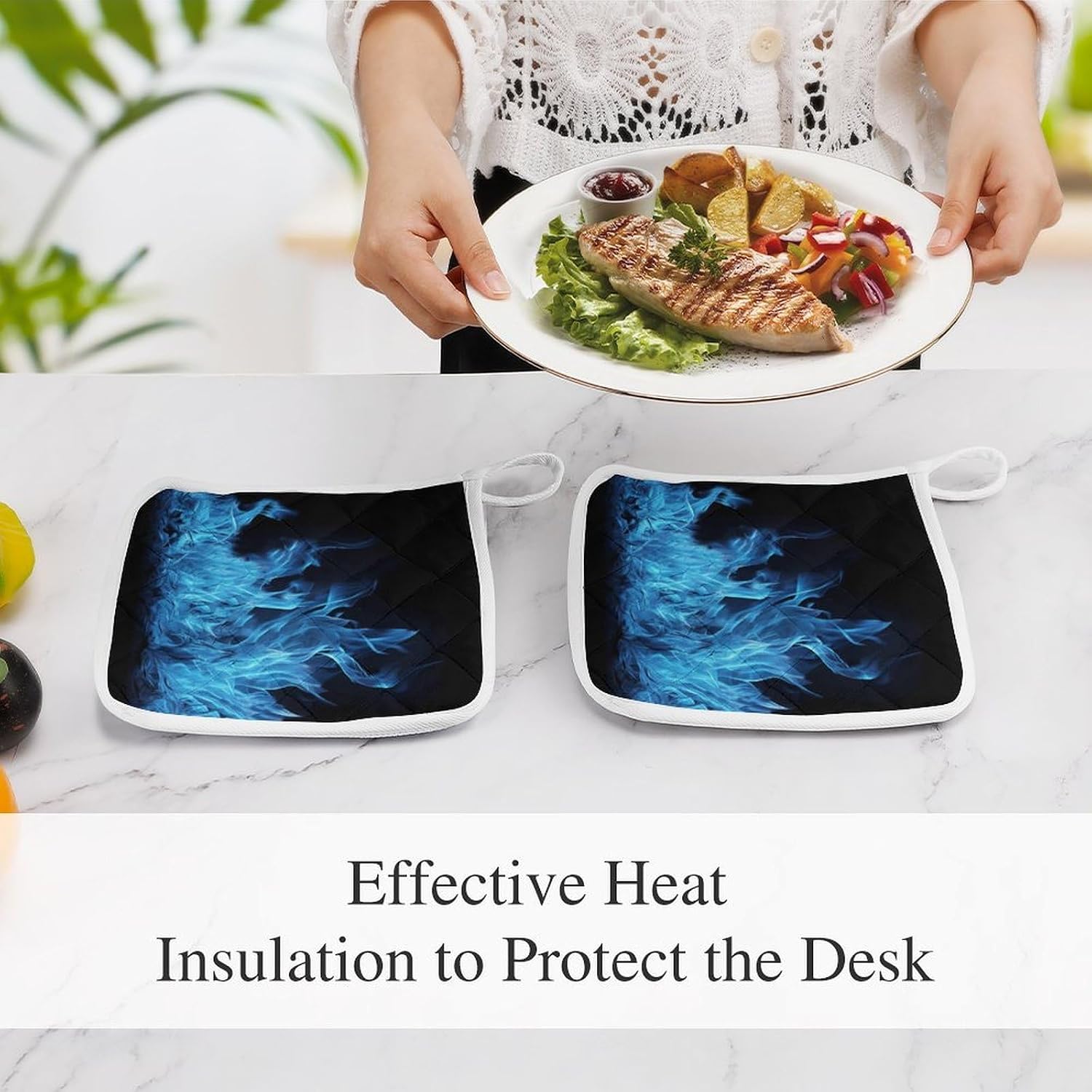 Blue Flame Polyester Heat Resistant Pot Pad Non Slip Anti Scald Hot Dish Mat Reusable Table Protector for Kitchen Hot Pot Mat Wear Resistant Heat Proof Table Pad for Countertop Dining Room