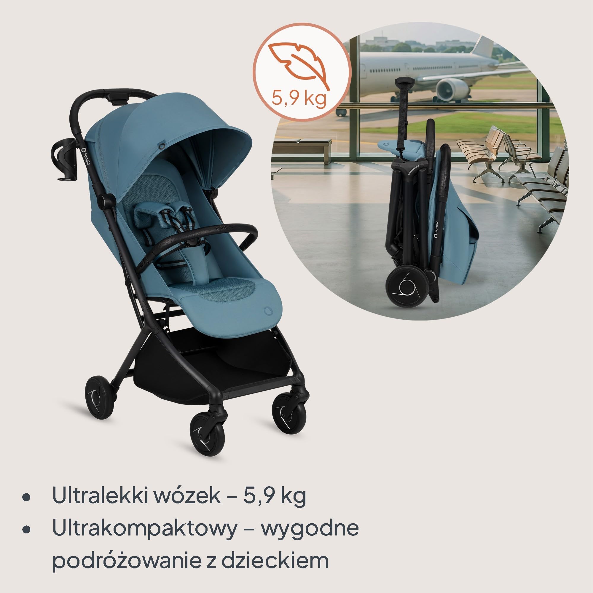 Lionelo Sia wózek podróżny ultralekki i ultra kompaktowy, składany, 5,9 kg, do 22 kg, od 6 miesięcy do 4 lat, pozycja leżąca, zawieszenie, osłona UPF50+, moskitiera, kosz na zakupy 3 kg, uchwyt na