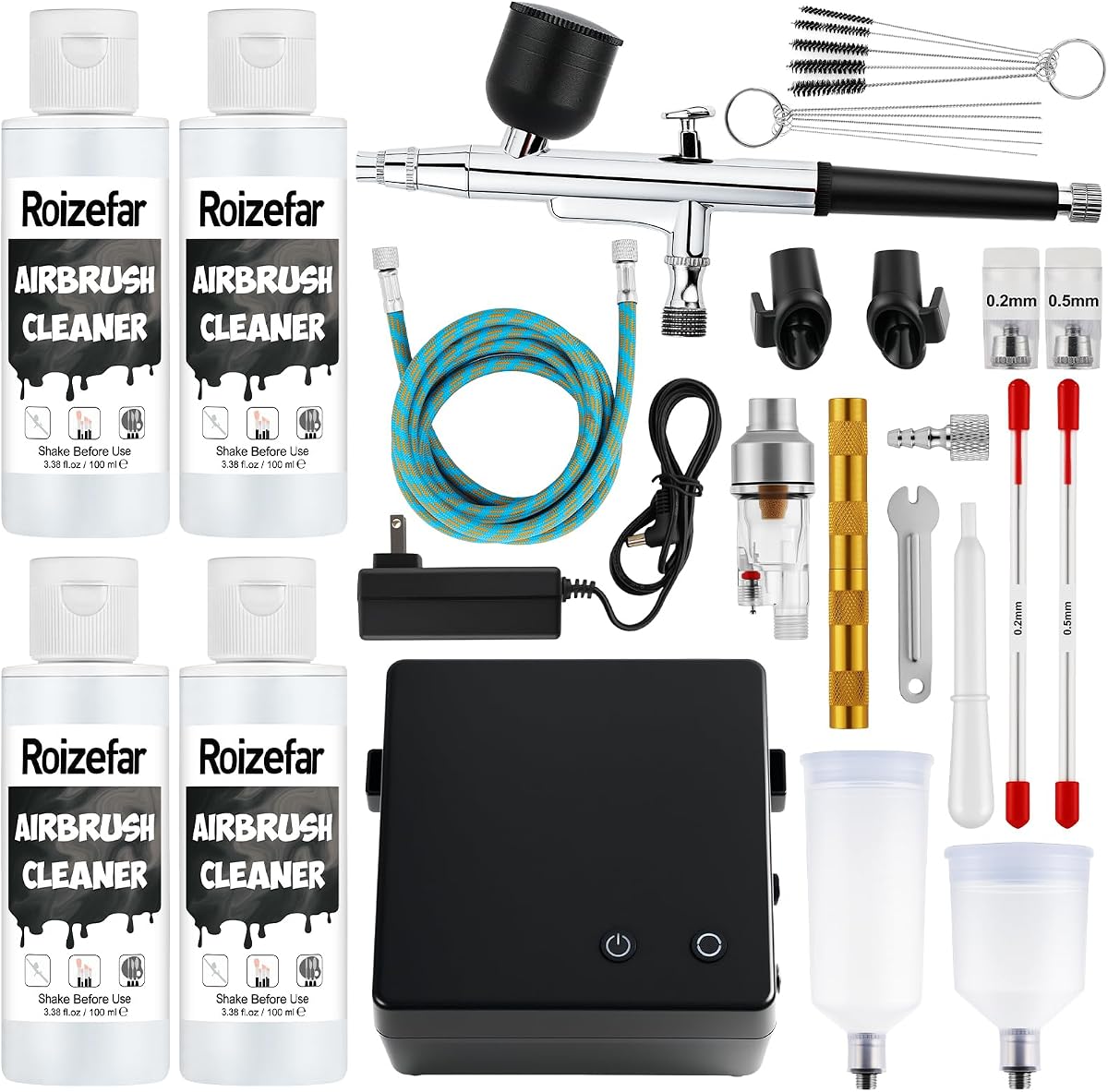 Roizefar Airbrush Kit with Compressor, 55 PSI Gun with Cleaners & Nozzles | 4x3.38 fl oz Cleaner, 0.2/0.3/0.5mm Nozzles, Cleaning Brush, Non-Clogging, for Painting, Modeling, Nail Art, Makeup, DIY