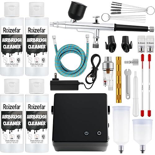 Roizefar Airbrush Kit with Compressor, 55 PSI Non-Clogging Air Brush Painting Set with 4x100ml Cleaner, 0.2/0.3/0.5mm Nozzles & Cleaning Brush, Ideal for Painting, Modeling, Nail Art, Makeup