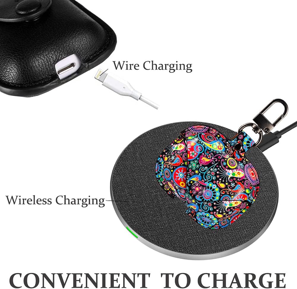 Genuine Leather Case Compatible with AirPods Pro Case, VOMA Protective Cover for AirPods Pro Wireless Charging Case Headphones, Soft Leather Cover with Keychain Retro Floral