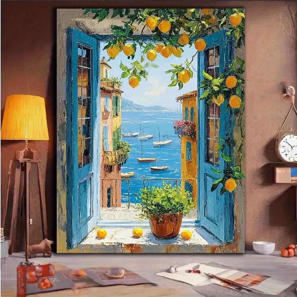 Dittelle Quadri decorativi con paesaggio marino visti dalla finestra, adatti per soggiorni, camere da letto, corridoi, bar, caffè e ristoranti (30x40 cm/cornice interna)
