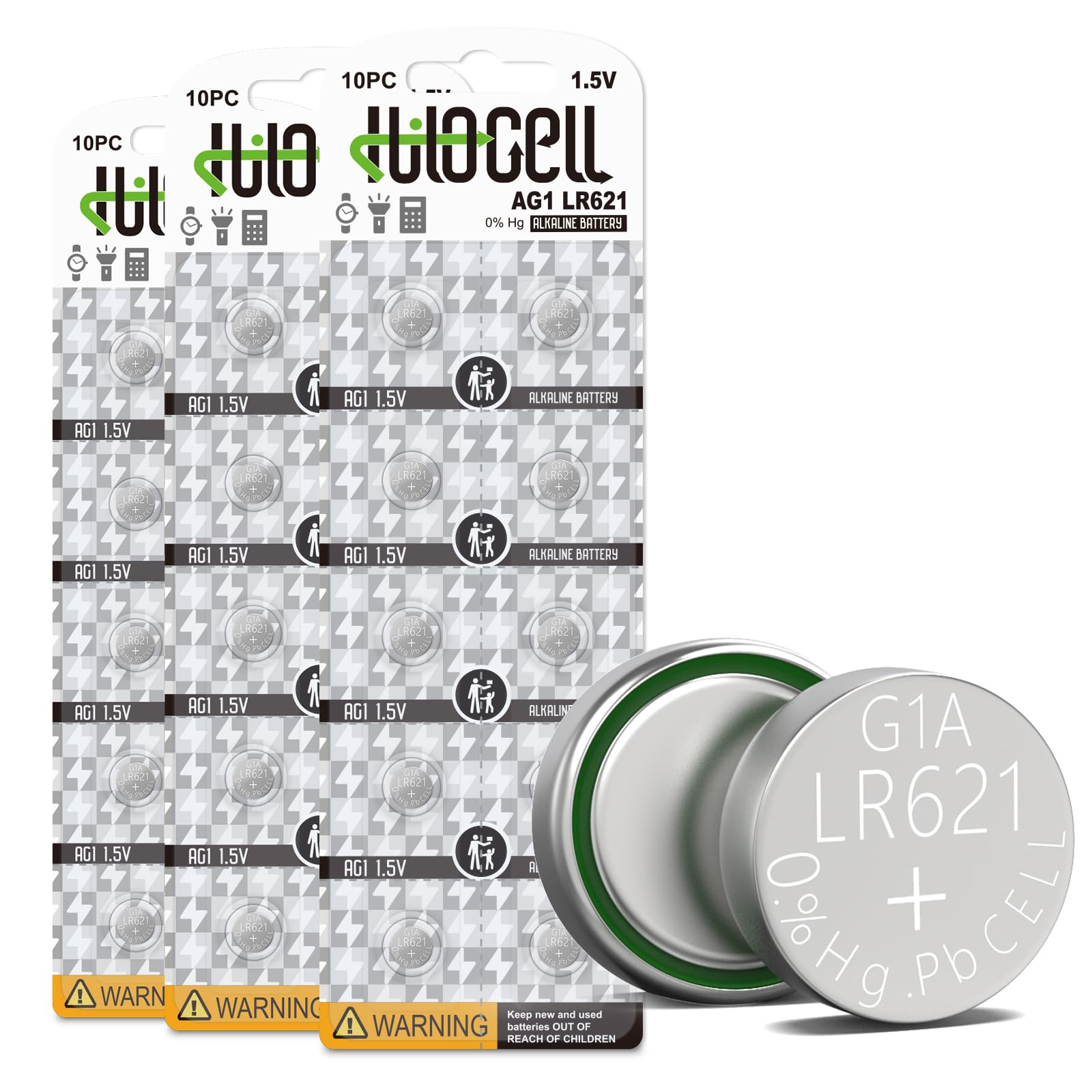 hilocell SR621SW Watch Battery 30 Pack, AG1 LR621 Button Cell Battery, 1.55V Long Lasting 363 364 G1A Alkaline Coin Batteries Replacement for Clocks,