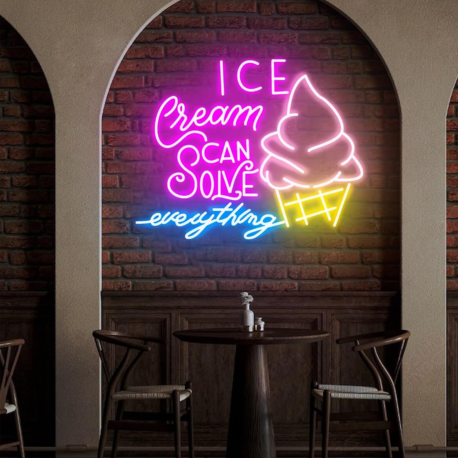 Ice Cream Solves Everything Neon Sign LED Ice Cream Bar Business Welcome Open Neon Light Signs Wall Decor for Shop, Home, Party Gift Size: 23 inches