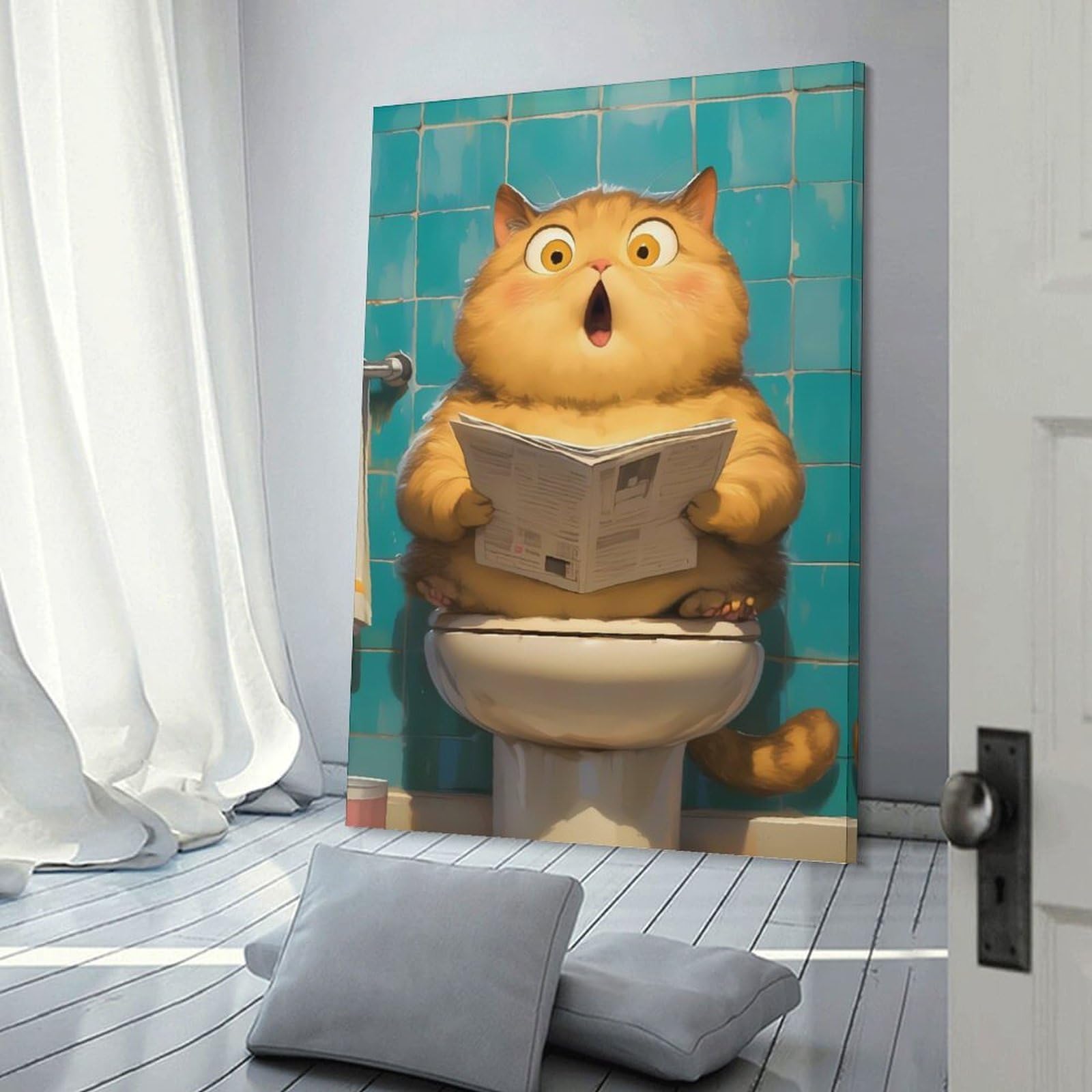 Junmoney Chubby Cat Toilet Funny Room Decor Wall Art, 24x36inch(60x90cm), for Living Room, Lounge Or Sitting Room, A Home Accent with Warm Character
