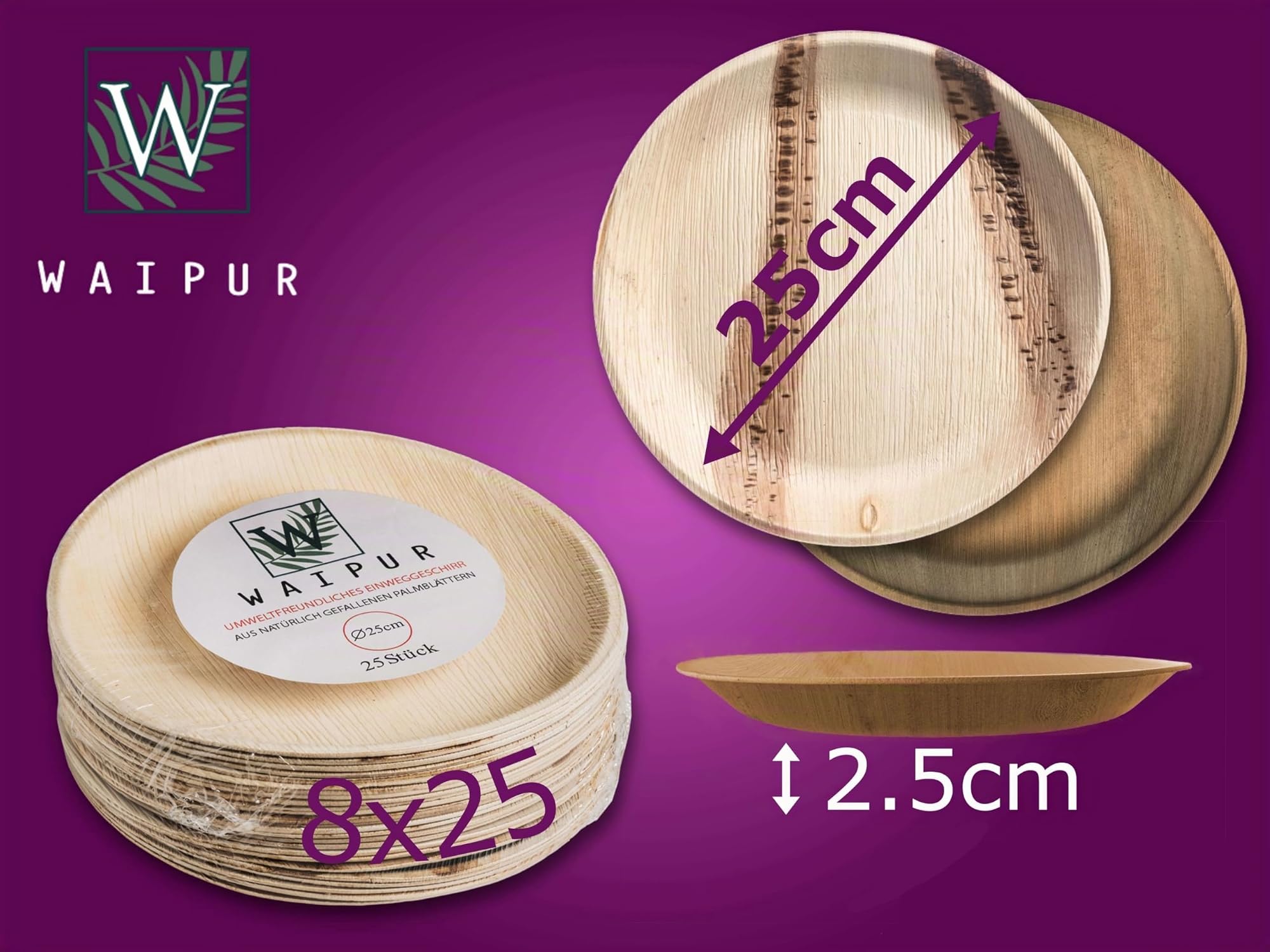 Assiette Jetable en Feuille de Palmier - 200 pcs. Rondes Ø 25 cm - Vaisselle Naturelle et Élégante - Chic, Résistante et au Design Unique -semblable au Bambou et au Carton