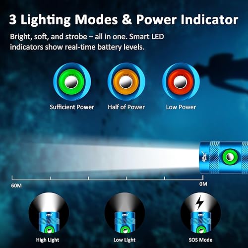 Miniatura 3 de WINDFIRE Luz de buceo – Linterna de buceo súper brillante con 3 modos e indicador de potencia, linterna submarina recargable impermeable IP68 para