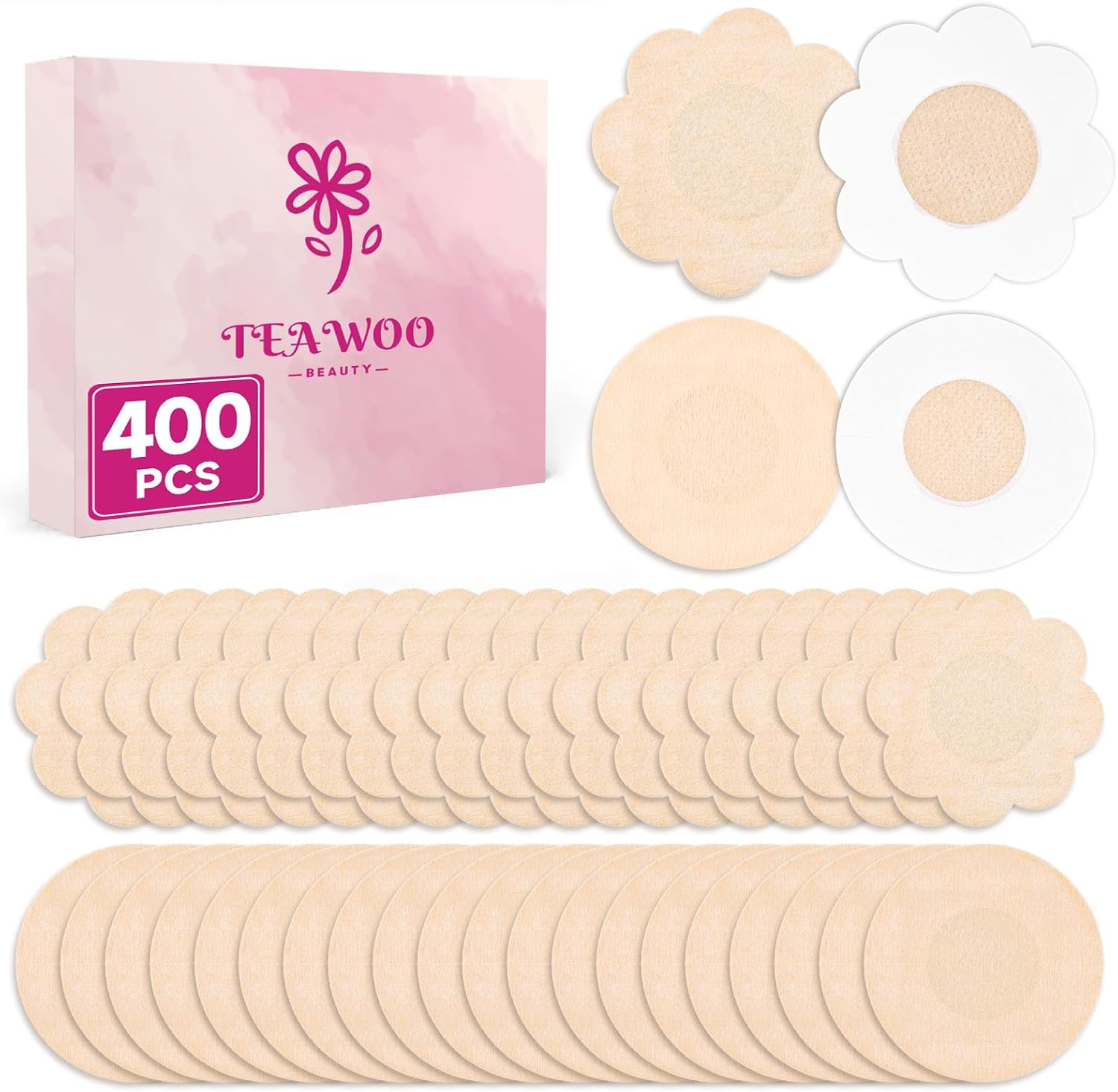 400P Disposable Nipple Covers, 200 Petal + 200 Round Breathable Non-Woven Pasties for Women, Hypoallergenic, No Show, Self-Adhesive Beige