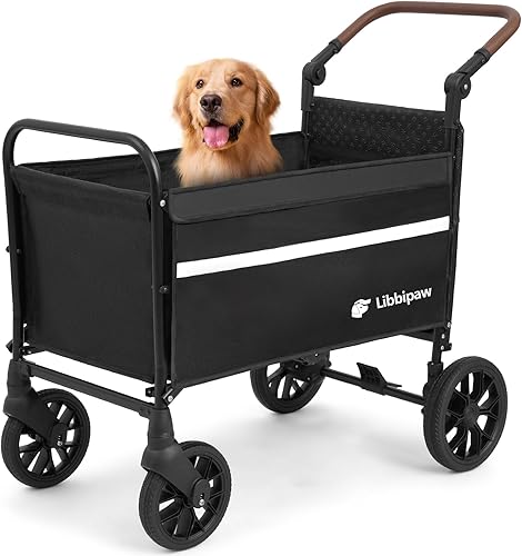 Dog Wagon for Medium & Large Dogs, Foldable All-Terrain Dog Stroller Wagon with Ramp, Adjustable Handle, One-Step Brake, Heavy Duty Pet Wagon (Black)