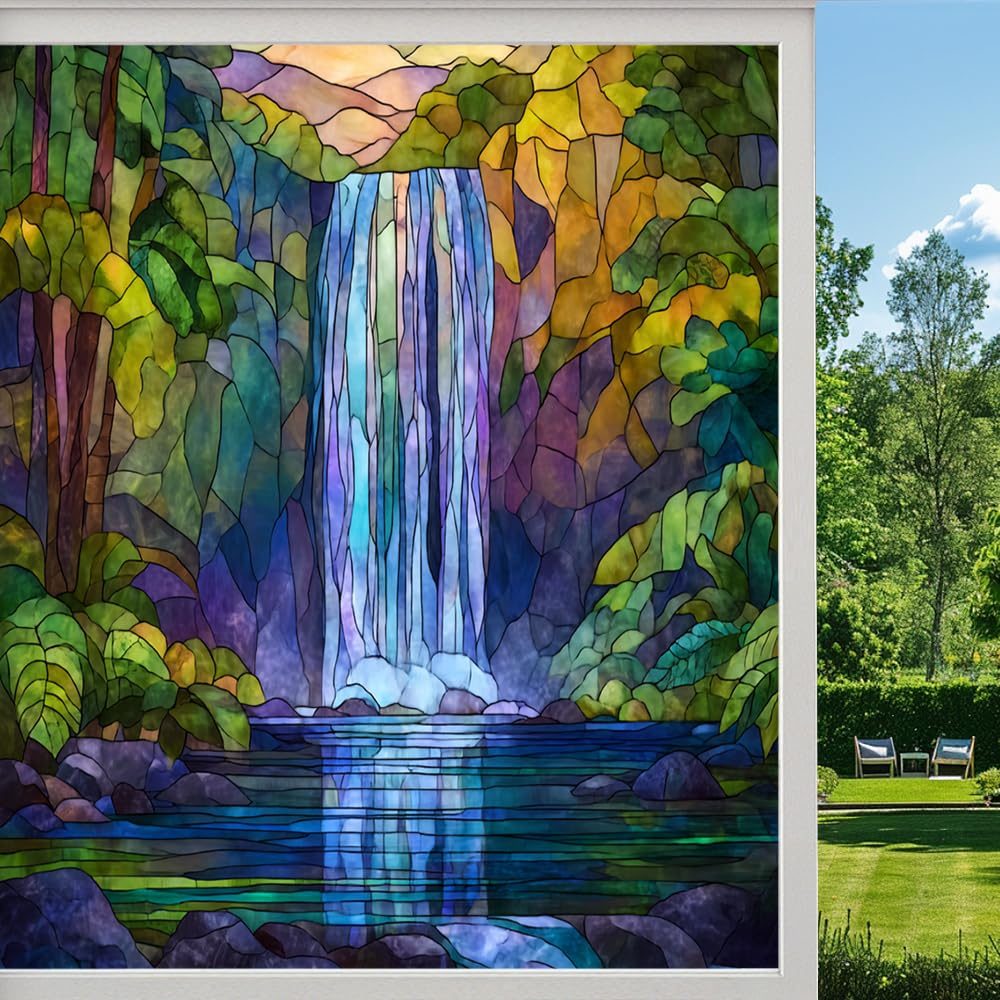 Dreamy Waterfall Frosted Window Film, Colorful Lake Forest Natural Scenery Stained Glass Privacy Film, Heat Insulation Self-Adhesive Vinyl for Bathroom Office, （90x140cm）