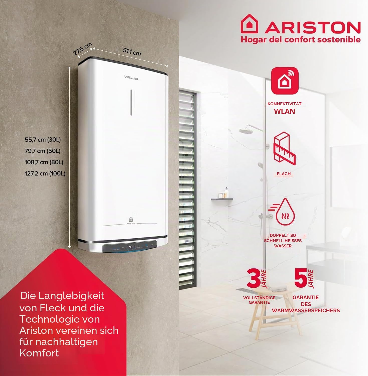 Ariston Velis Pro Wifi Elektrischer Warmwasserbereiter, niedriger Stromverbrauch, mehrere Positionen, 50 Liter, flach, WLAN und ECO-EVO-Funktion, 79,7 x 27,5 x 51,1 cm, Installation in Spanien