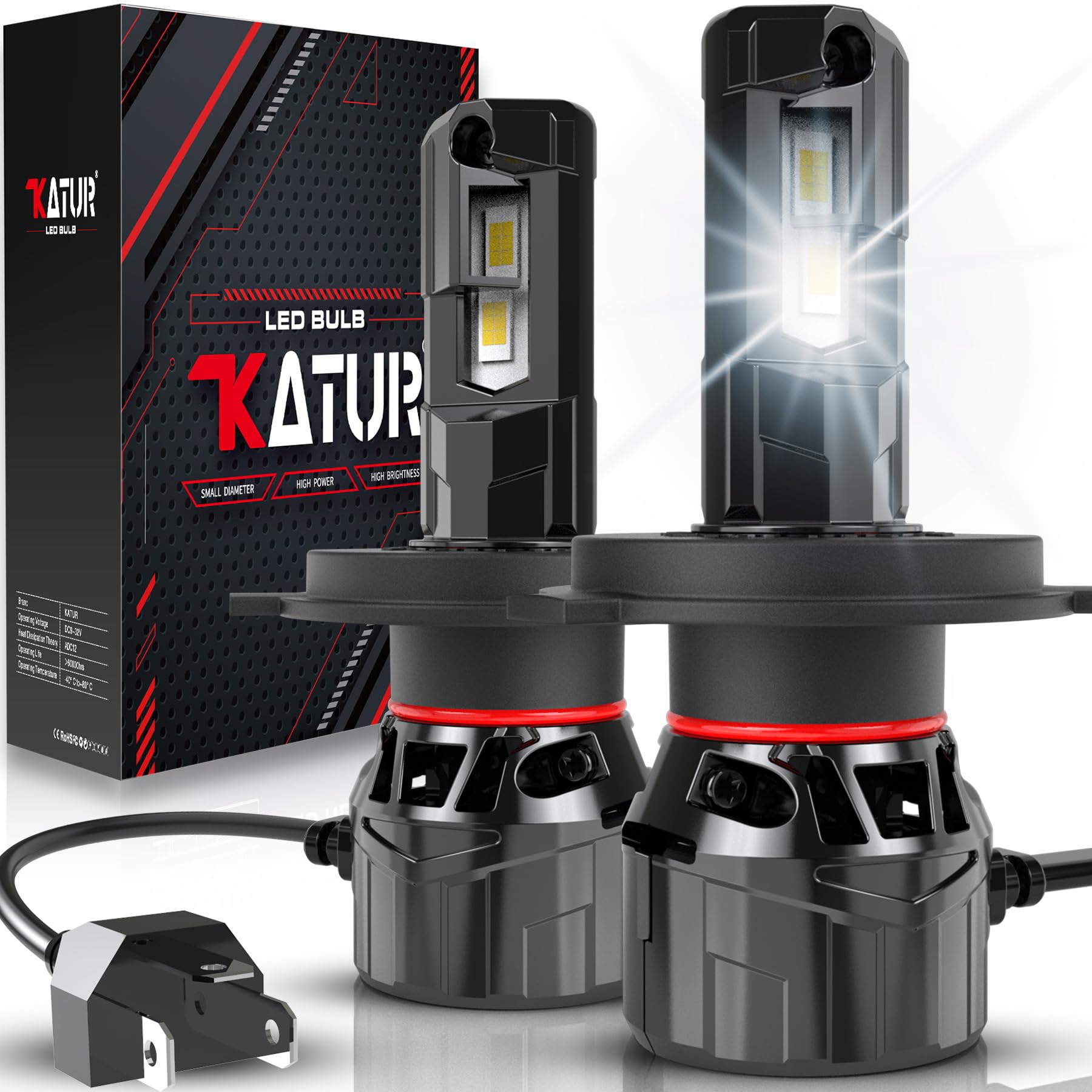 Żarówka H4 LED 32000LM 700% Jaśniejsza, KATUR 120W Żarówka LED H4 6000K Biała Ksenonowa Plug and Play Miniaturowy Rozmiar 1:1 Żarówki 9003 HB2 LED do Samochodu, Zestaw 2 szt.