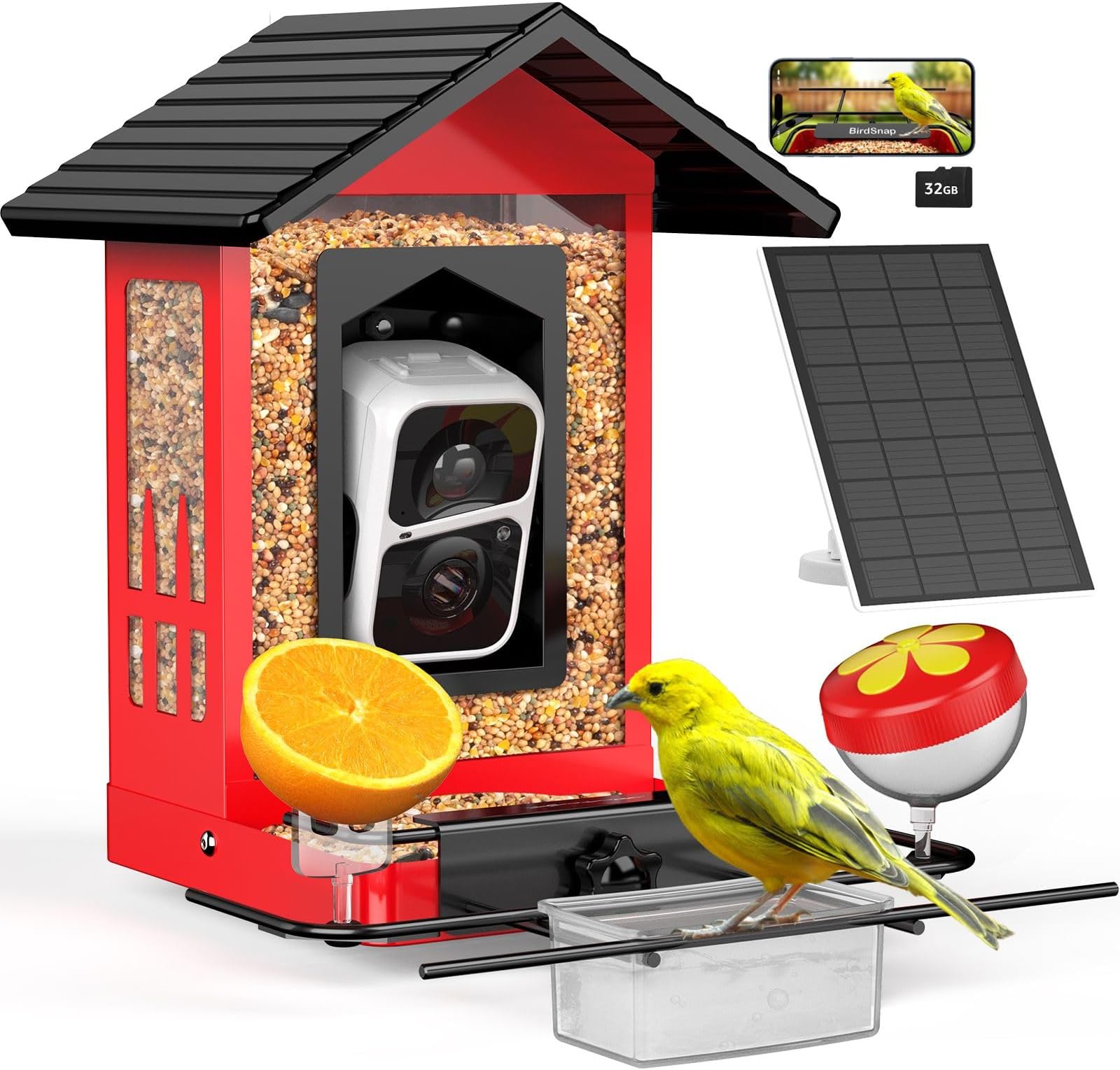 birdsnap® APS - Metal Bird Feeder with Camera Solar Panel 32GB Card, AI Identify 10000+ Birds Camera Feeder, 3 DIY Add-ons, 2K HD Live View Auto Record Bird Video, Ideal Gift for Birds Lover