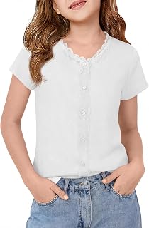Haloumoning Girls Lace Trim Short Sleeve Shirts Kids Summer Button Tops Soft Knit Blouse Tees 5-14 Years