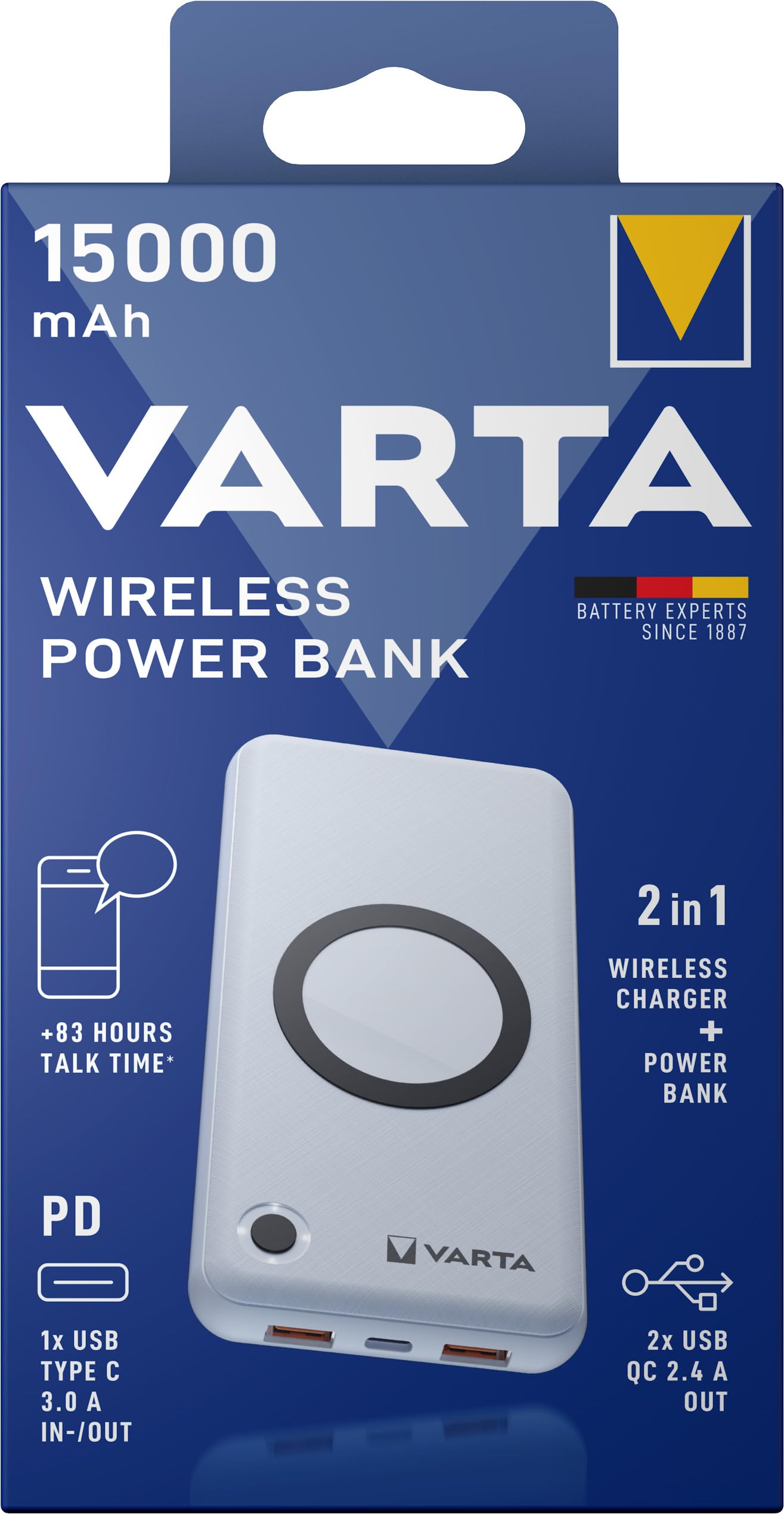 VARTA Wireless Power Bank 15000 mAh, 20 W Fast Charging, USB C PD | power bank 2 en 1 y cargador inalámbrico, Quick Charge, carga inalámbrica, cargador portátil para hasta 4 dispositivos