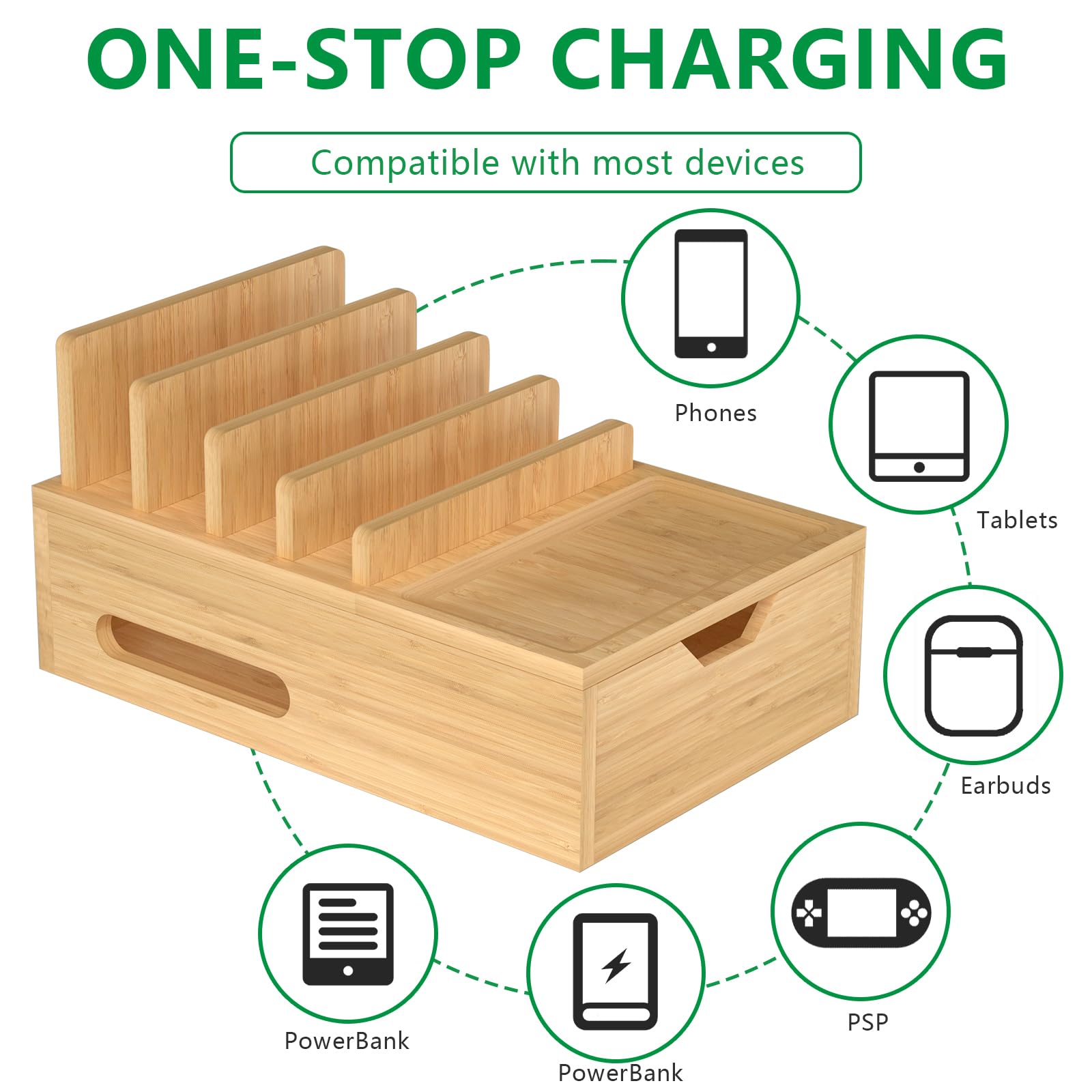 Bambus-Ladestation für mehrere Geräte, Schreibtisch-Lade-Organizer mit Schublade und Ablage, Holz-Dockingstation inklusive 6 Kabeln, kompatibel mit iPhone-Geräten, Handy, Tablet (kein USB-Ladegerät)