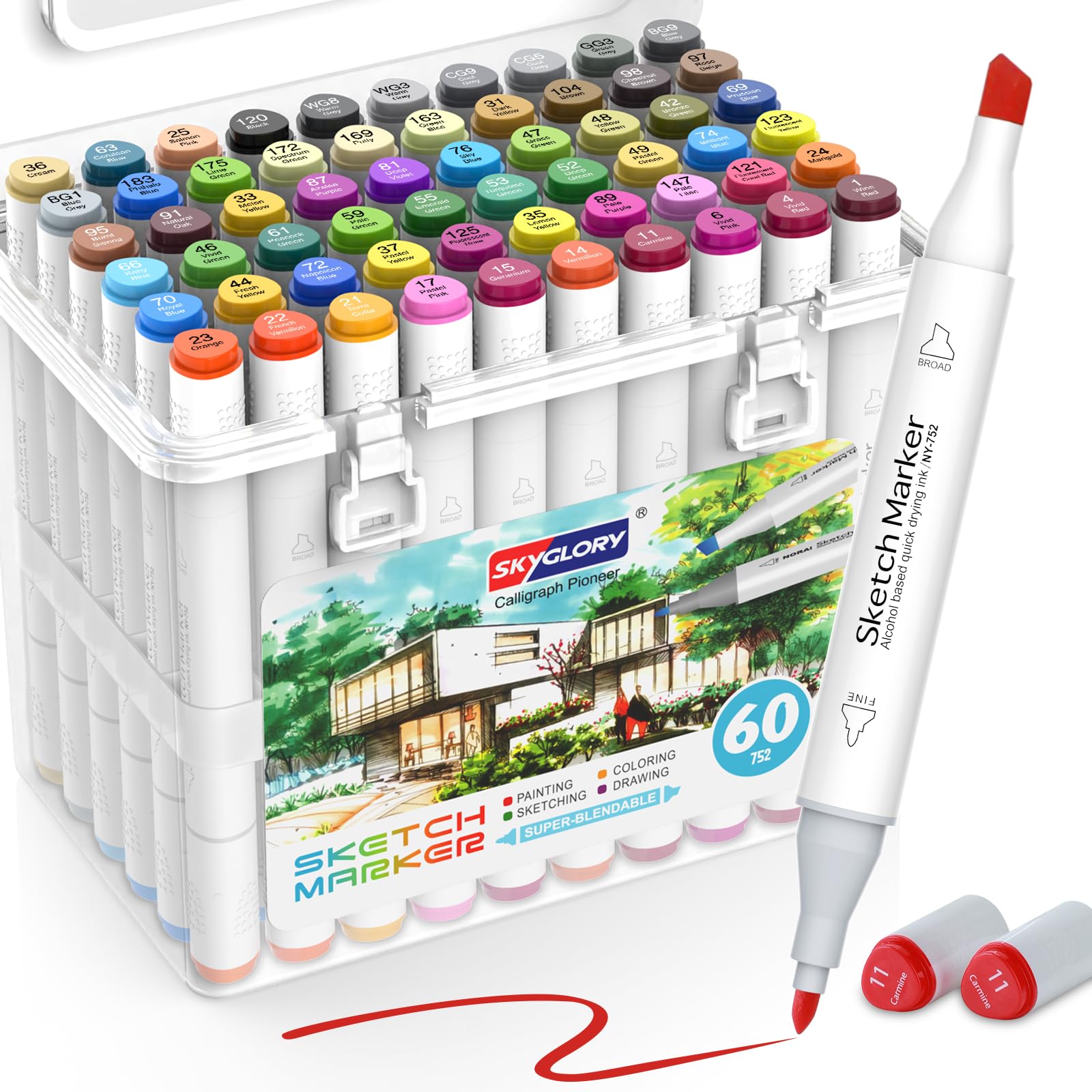 HOMSAILMO 60 Colors Alcohol Markers，Chisel & Fine Dual Tips Drawing Markers for Adult Coloring Books No Bleeding,Idea for Drawing Painting Sketching Illustration Kids Gifts