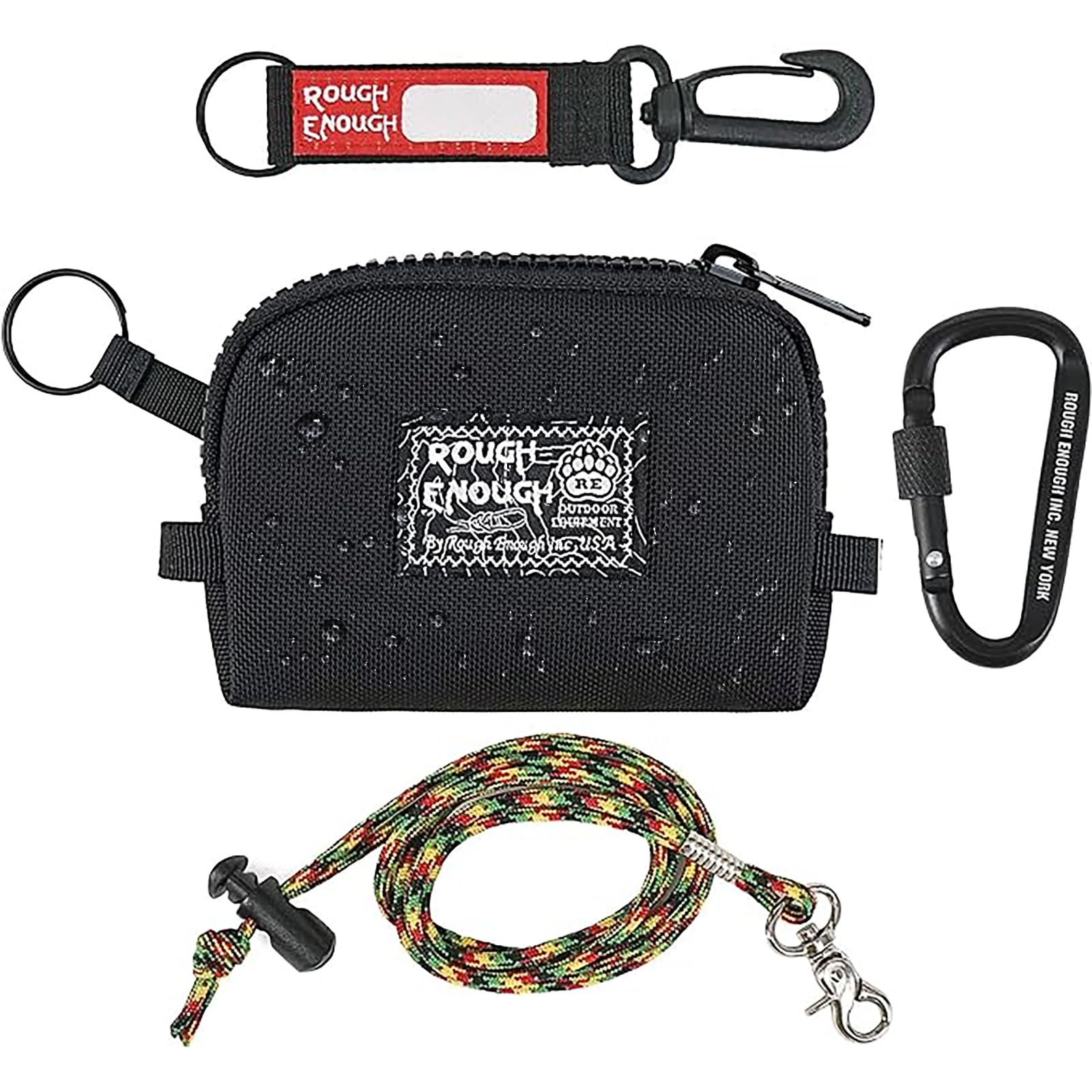 Rough Enough Small Coin Purse Card Wallet Keychain Pouch for Men Women with Zipper Neck Lanyard Black Cordura Water Repellent