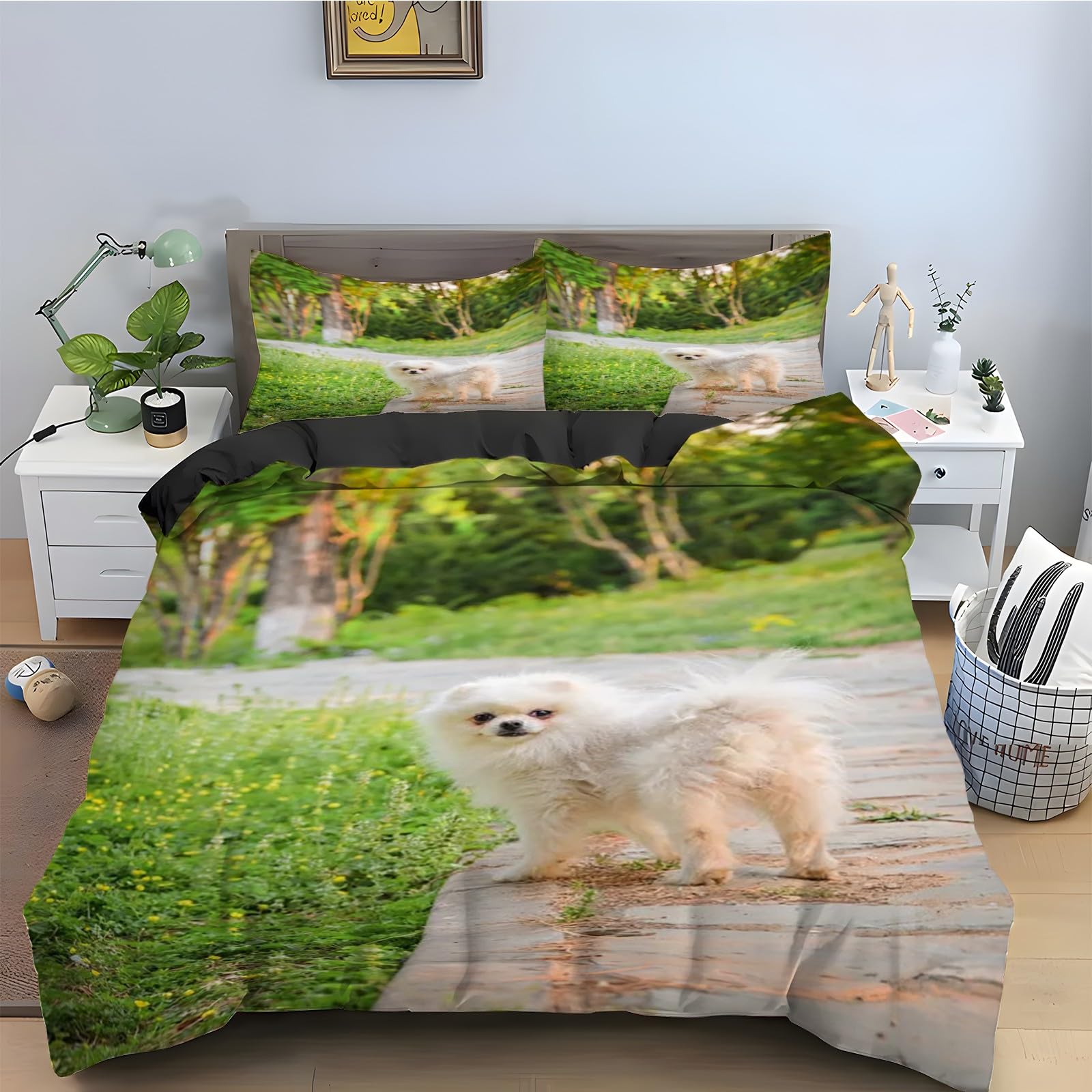 Housse de couette 220x240 Poméranien avec 2 taies d'oreiller en microfibre douce