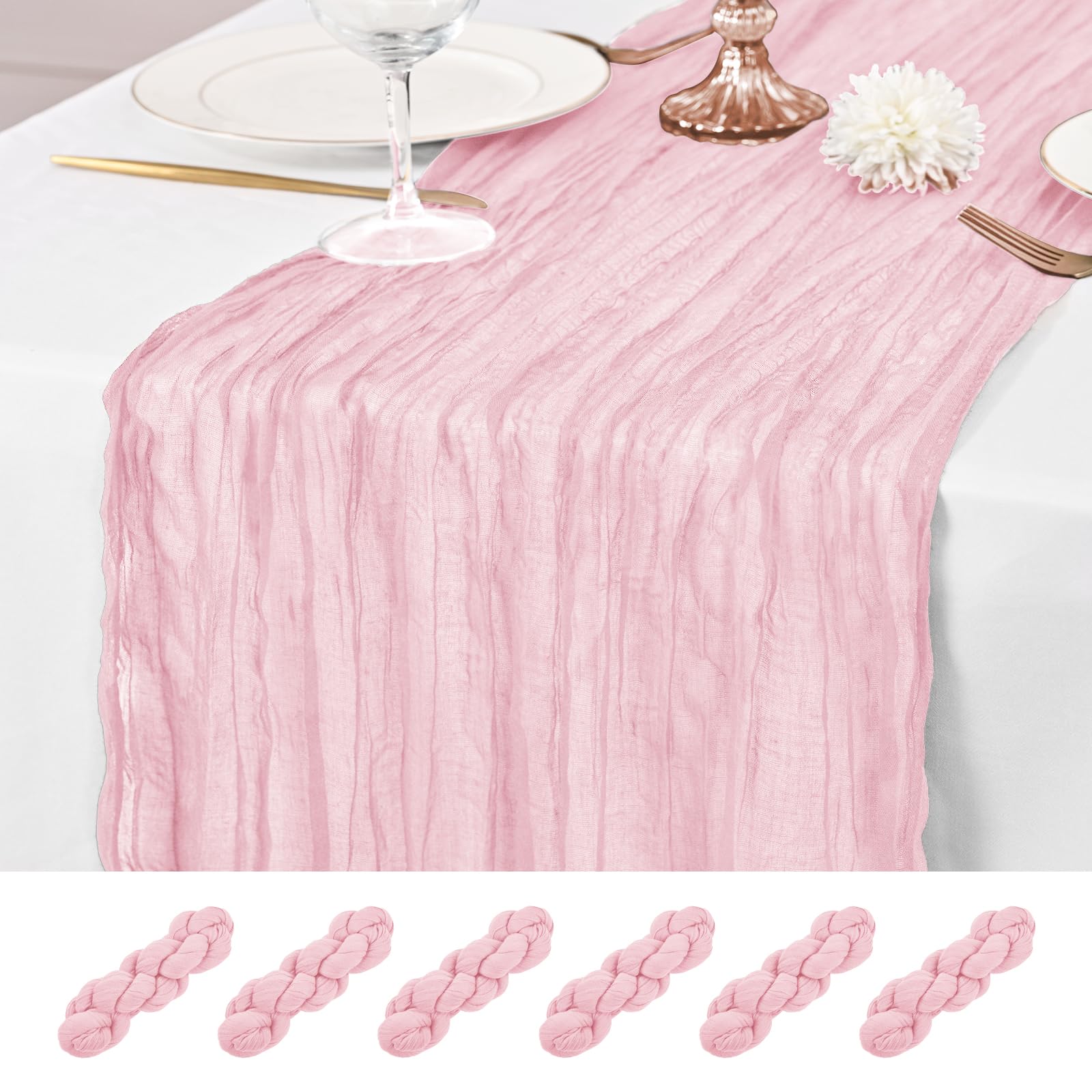 6 Pcs Pink Table Runner 10Ft Cheesecloth Table Runner 21x120 inch Rustic Gauze Table Runners Romantic Long Sheer Fabric Cheese Cloth Table Runners for Wedding Party Bridal Baby Shower