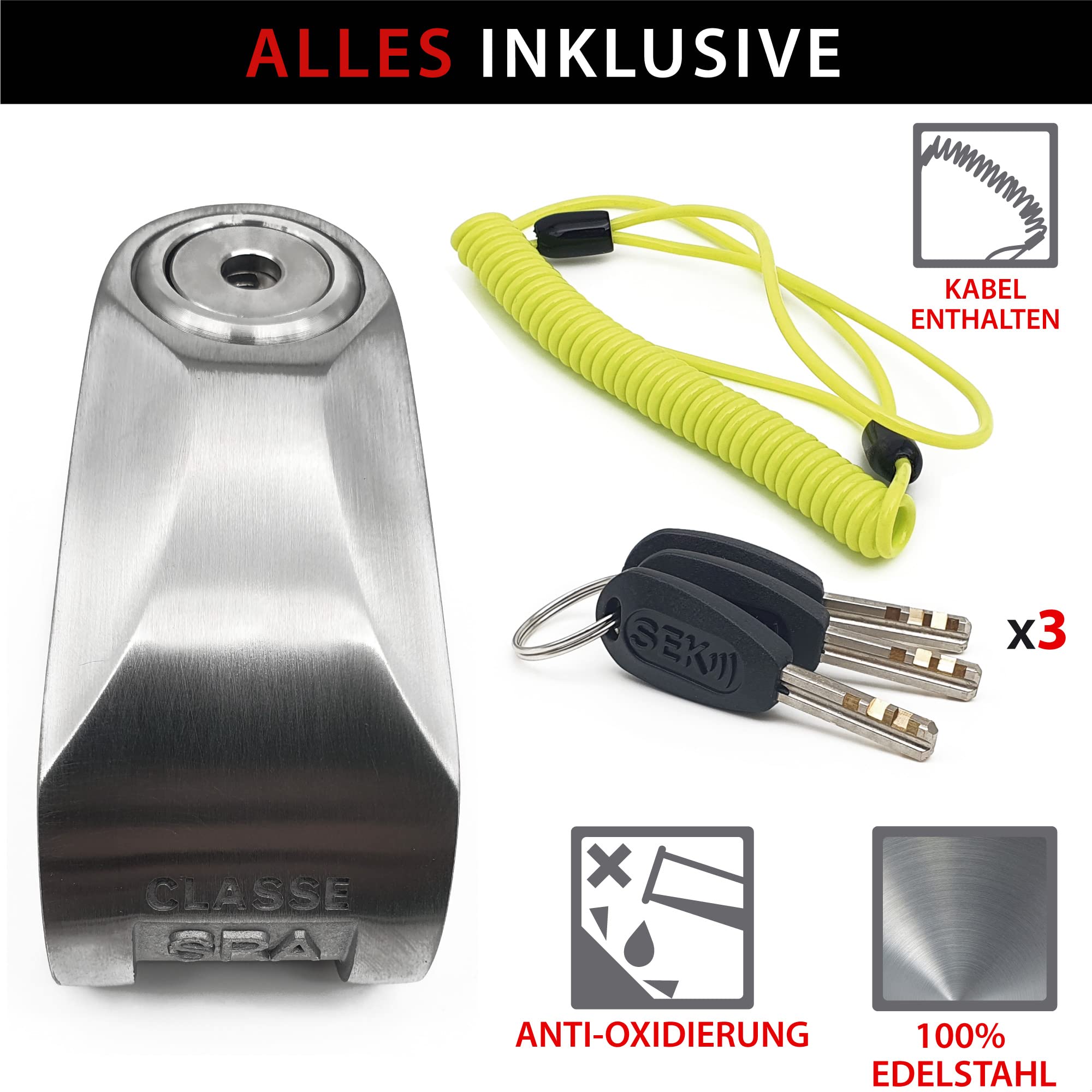 KRASER KR110S Bremsscheibenschloss mit SRA Zulassung, Motorrad Diebstahlsicherung, 10mm Doppelverschluss, 3 Schlüssel + Erinnerungskabel, Rostfreier Stahl, 10 mm