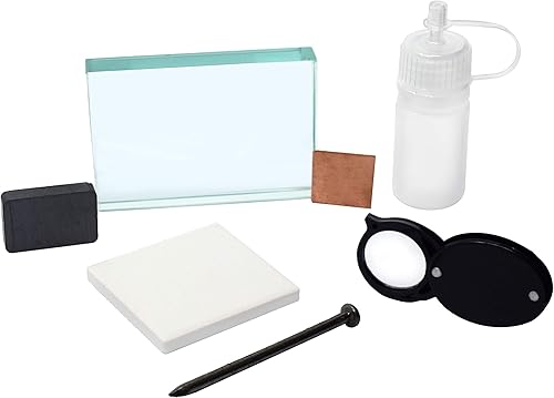 EISCO Kit de identificación mineral, 7 piezas, incluye placa de rayas, placa de vidrio, botella cuentagotas, imán, clavo, cuadrado de cobre y lente