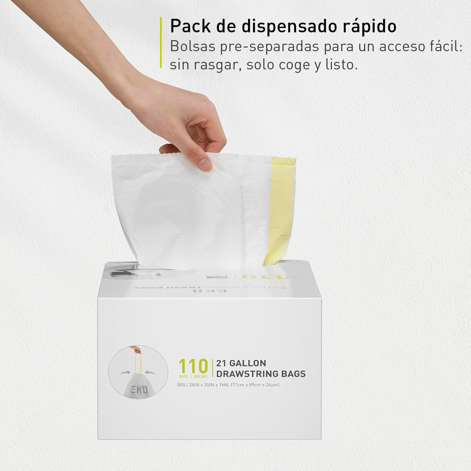 EKO Bolsas de Basura para Cocina Código G 50-90 L Pack de 110 | Bolsas EKO extra fuertes de 50–90 L, antifugas, con cordón reforzado y pack de 110 unidades.