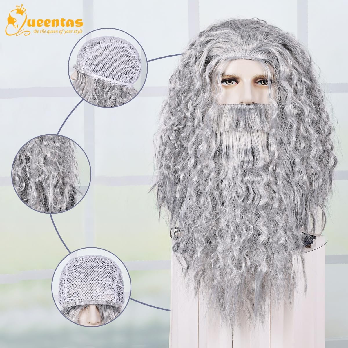 QUEENTAS Mens Wigs Long Curly Grey Wig and Beard Cosplay Halloween Character Fake Wizard Wig Costume Fancy Dress Christmas Party (Grey) - Image 2