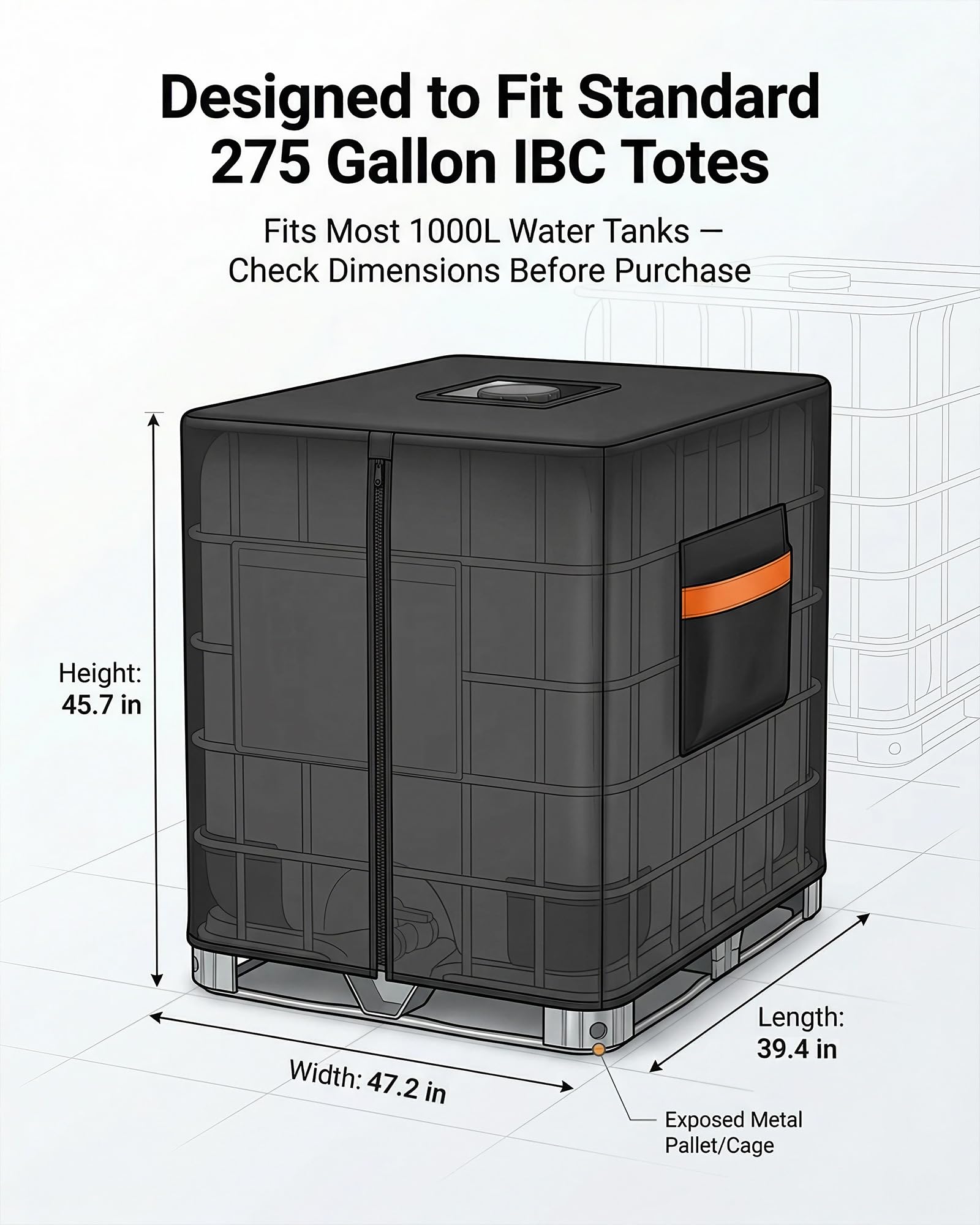IBC - Funda para bolsa IBC con cremallera, se adapta a tanques de agua de 275 galones, 600D resistente al agua y material de protección solar, color negro