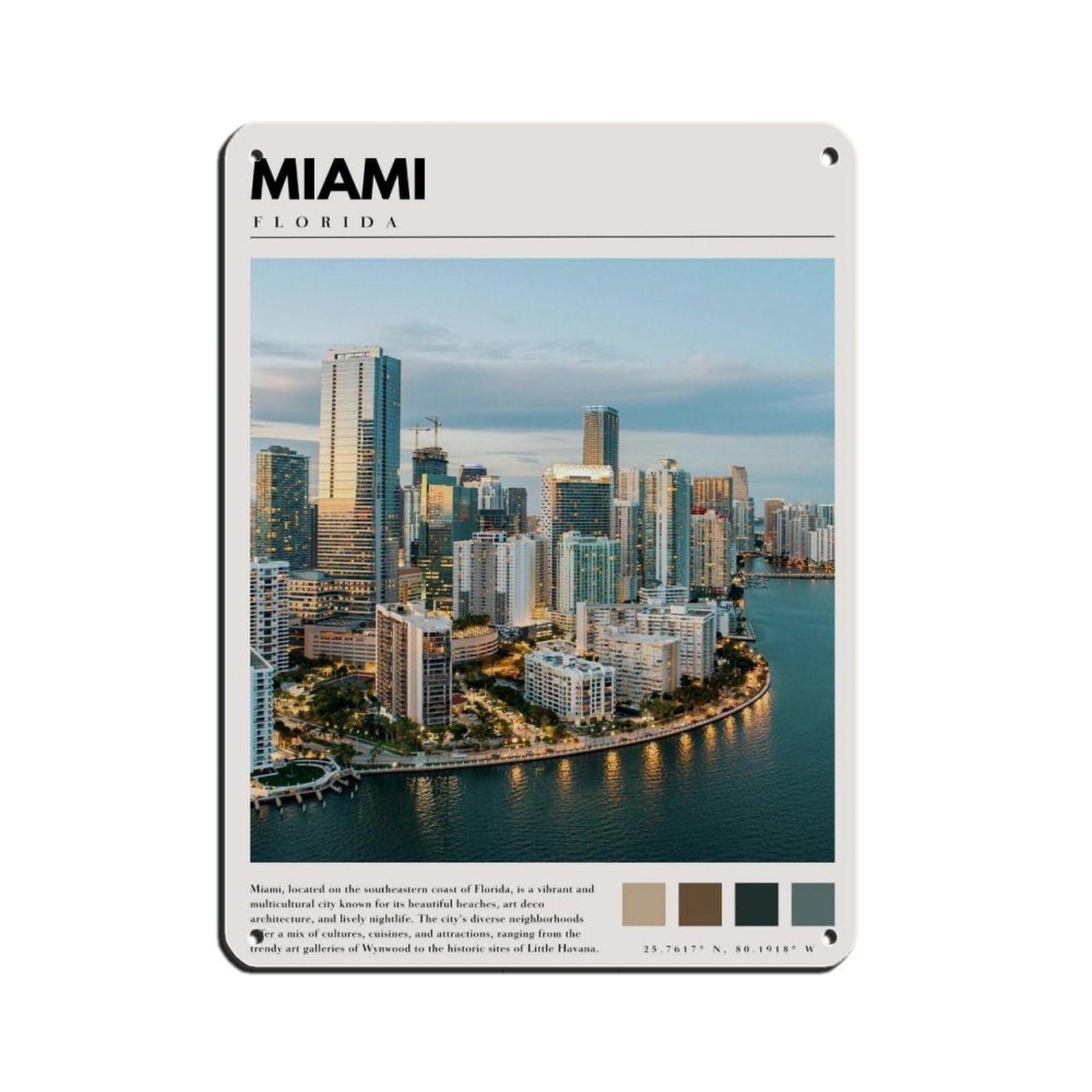 Miami Florida Poster Miami Art Retro Poster Metal Tin Sign Chic Art Retro Iron Painting Bar People Cave Cafe Family Garage Poster Wall Decoration 12x16inch(30x40cm)