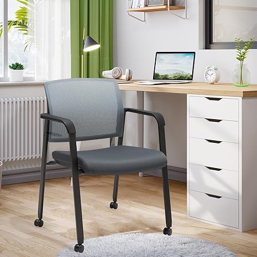 Miniatura 2 de CLATINA Silla gris para sala de espera con ruedas, respaldo de malla, sillones apilables con asiento de tela tapizado y soporte lumbar ergonómico