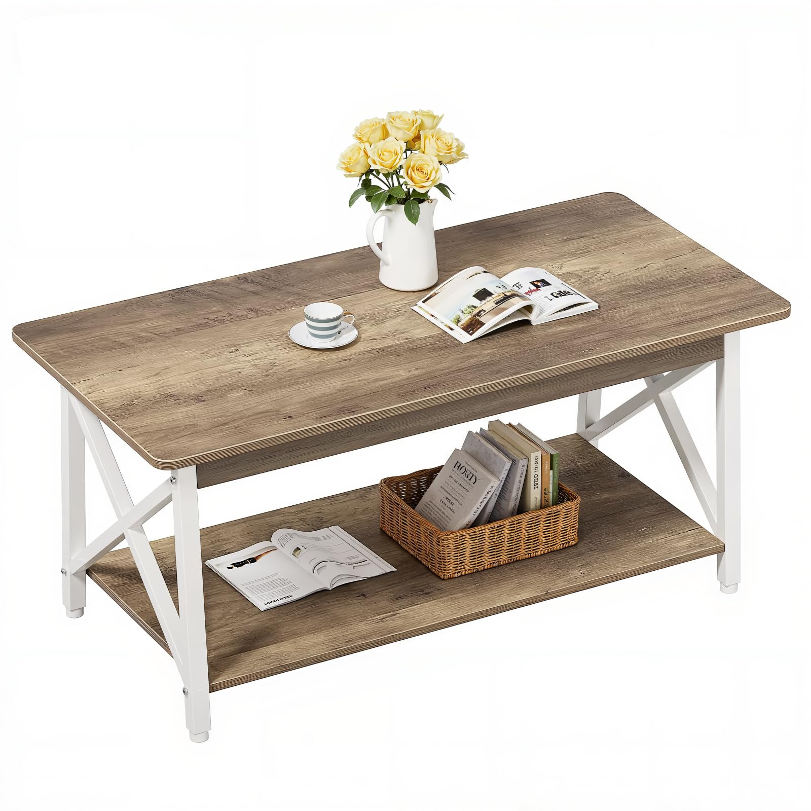 GreenForest Coffee Table with Round Corner 39 4 Modern Living Room Table with 2 Tier Storage Shelves Rustic