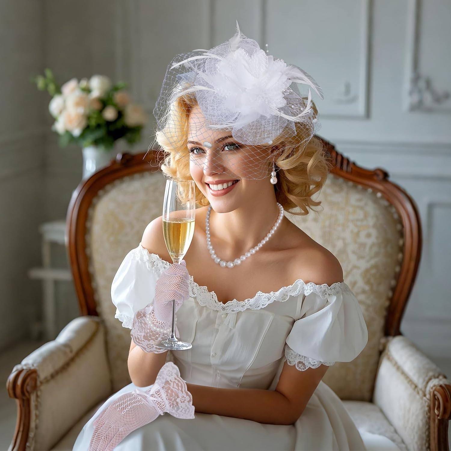 5Pcs Tea Party Hat and Gloves Set for Women, Fascinators Hats with Short Lace Gloves Pearl Necklace Bracelet Earrings - Image 6