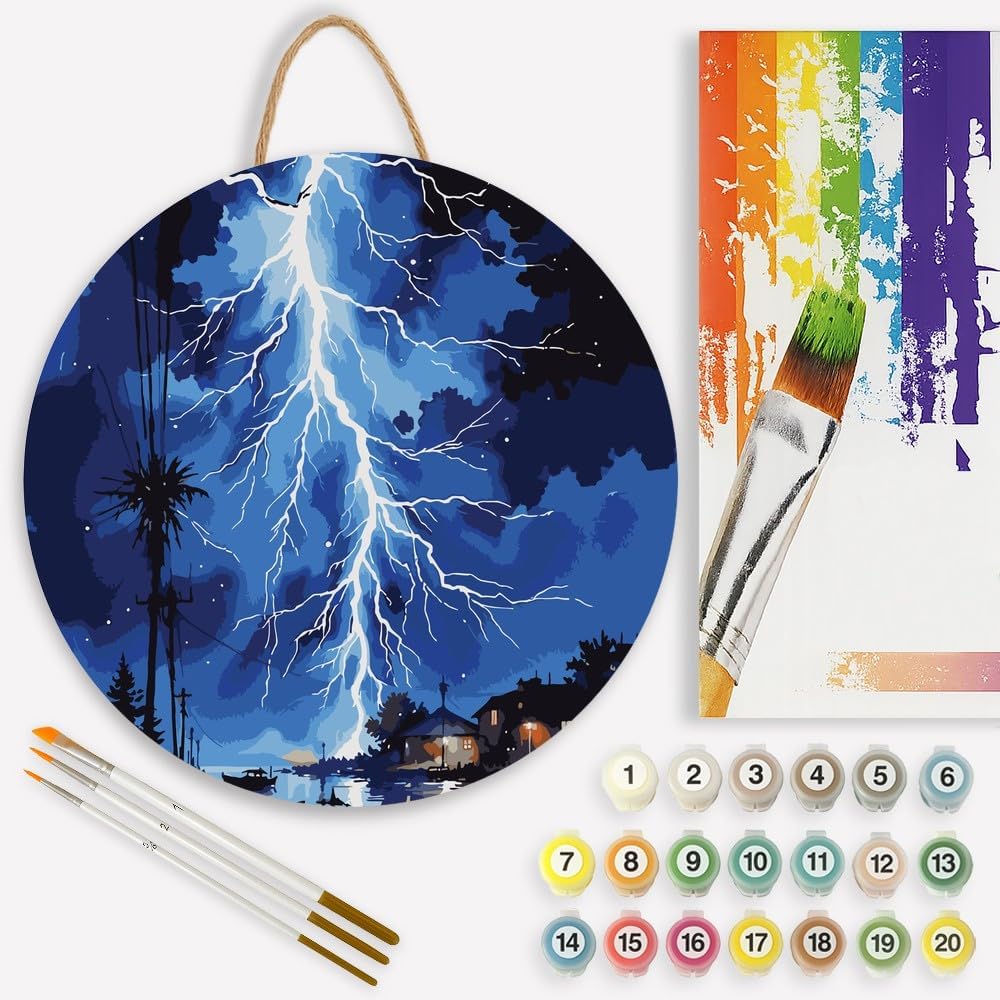 Thunderstorm Paint by Numbers Kit for Adults on Wood Board – DIY Lightning Over Lake and Houses Wood Craft Painting Kit, 12 in Round, Acrylic Paint Set, Beginner-Friendly, Relaxing Home Decor Gift