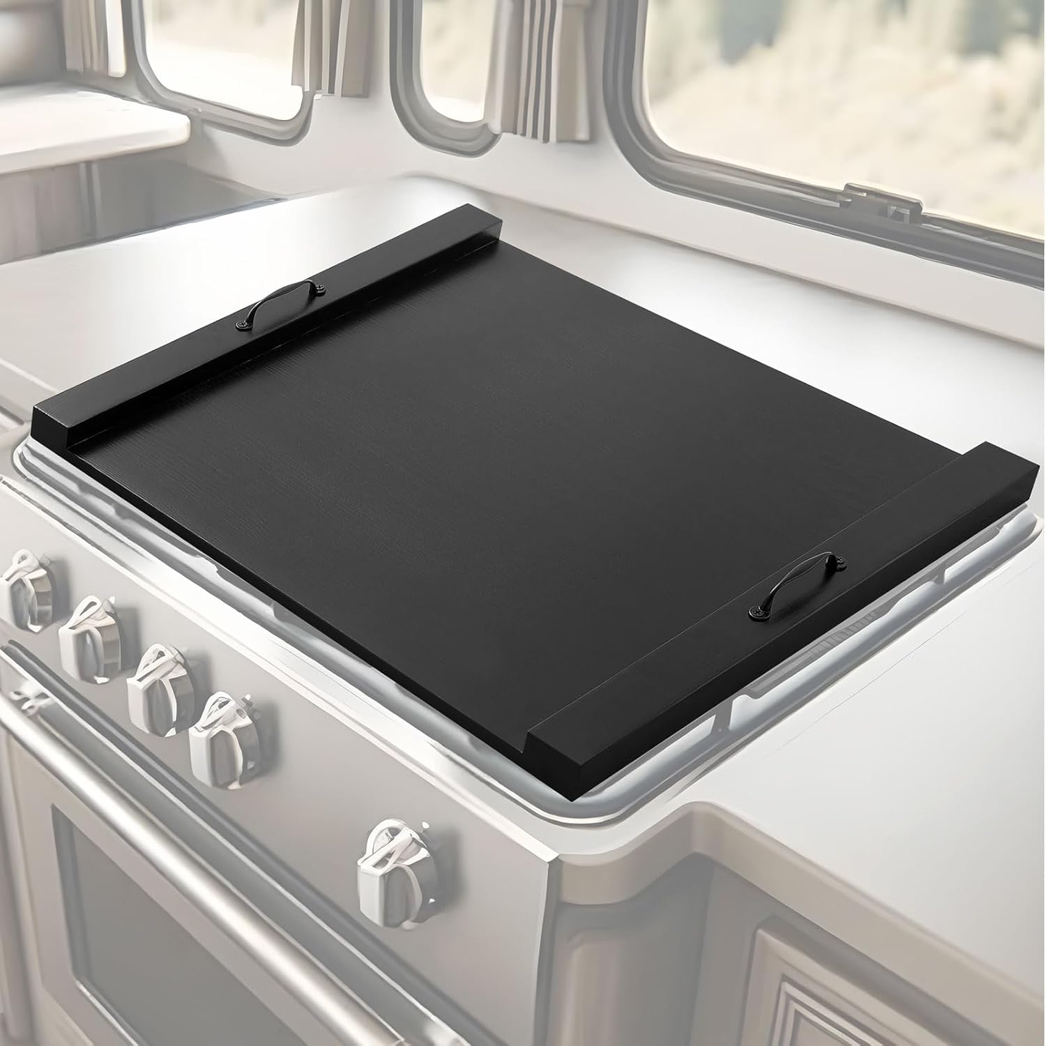 Maxdot Rv Stove Top Cover Board Wood Noodle Board Camper Stove Top Cover Countertop Cutting with 5 Pcs Adjustable Non-slip Rubber Feet Leg Juice Groove for Trailer Gas Burner Kitchen(Black)