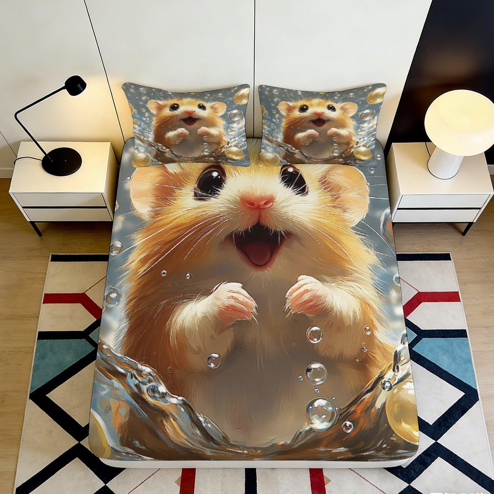 3D Printed Cute Hamster Fitted Sheet Microfiber Soft Animal Pattern Bed Cover for Bedroom Dorm Mattress Decor 90x200x25cm