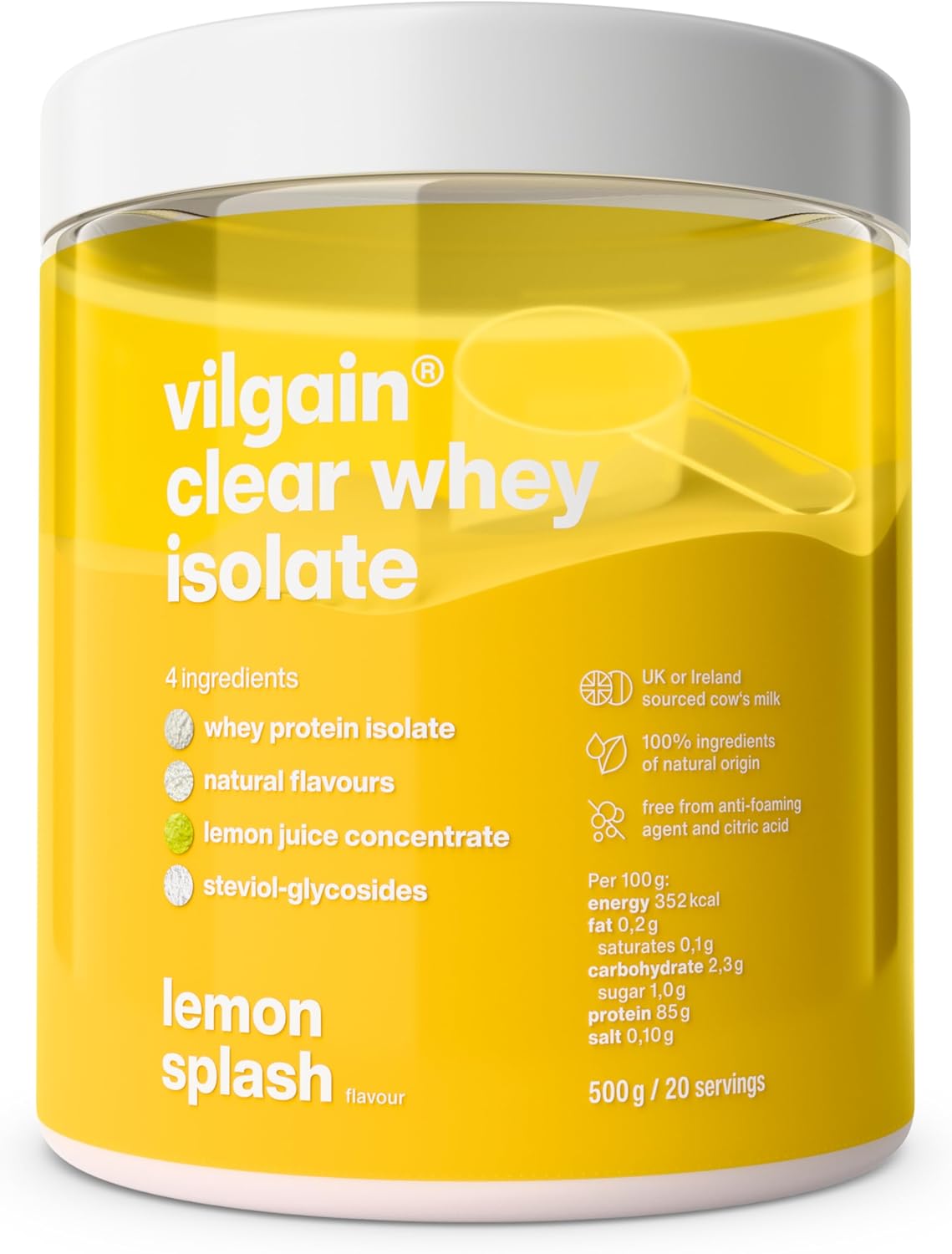 Vilgain Clear Whey Isolate, Fresh Fruity Protein Flavour, Sweetened with Stevia, Over 85% Protein, Natural Ingredients, No Artificial Flavours and Dyes (500 g) (Lemon Splash)