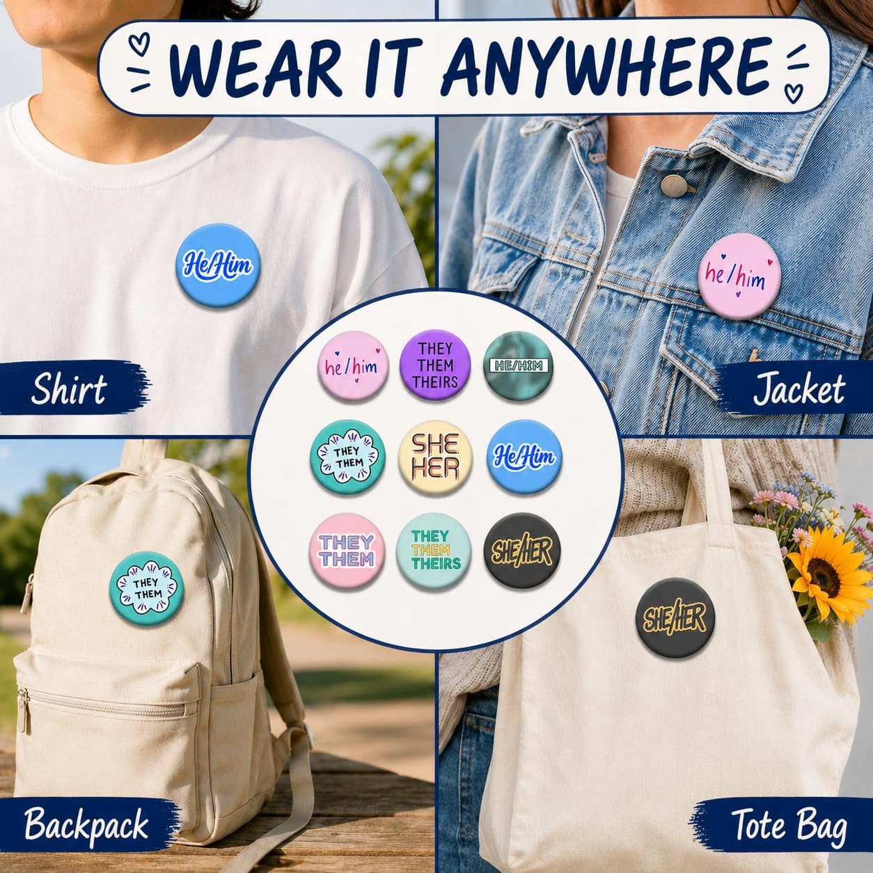 LGBTQ Pronoun Badges, Gender Identity Pins They/Them, She/Her, He/Him Pronoun Buttons for Pride Parade, Daily Wear image 2