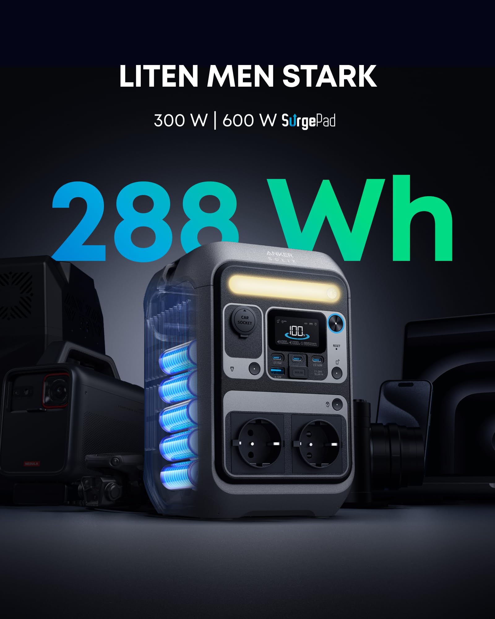 Anker SOLIX C300 Portable Power Station, Akumulator LiFePO4 288 Wh na zewnątrz, Generator słon. 300 W (600 W szczyt.), Szybkie ładow. dwukier. 140 W, na kemping, zasilanie awaryjne (panel słoneczny)