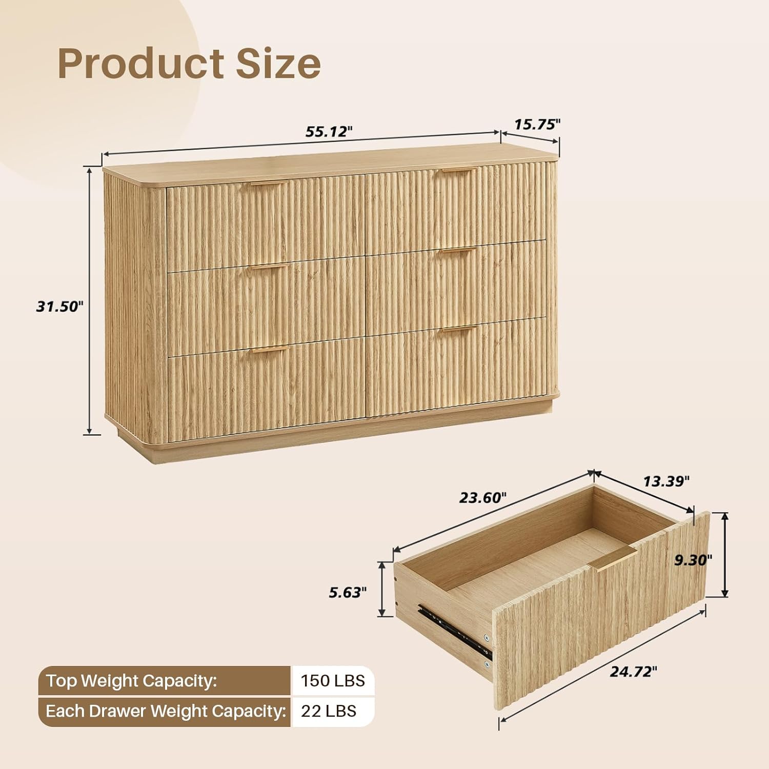 6 Drawers Dresser for Bedroom,55" Wide Fluted Dresser with Deep Drawers, Modern Chest of Drawers with Curved Profile Design, TV Stand, Organizer for Closet, Bedroom, Living Room, Oak