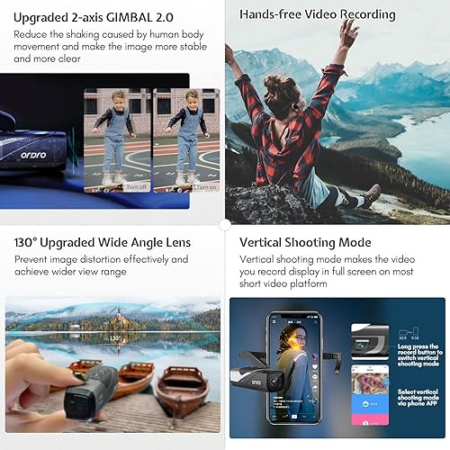Miniatura 5 de Ordro Cámara de video EP8 4K manos libres, cámara de video portátil 4K 60FPS UHD con estabilizador de cardán 2.0, cargador rápido, control remoto,