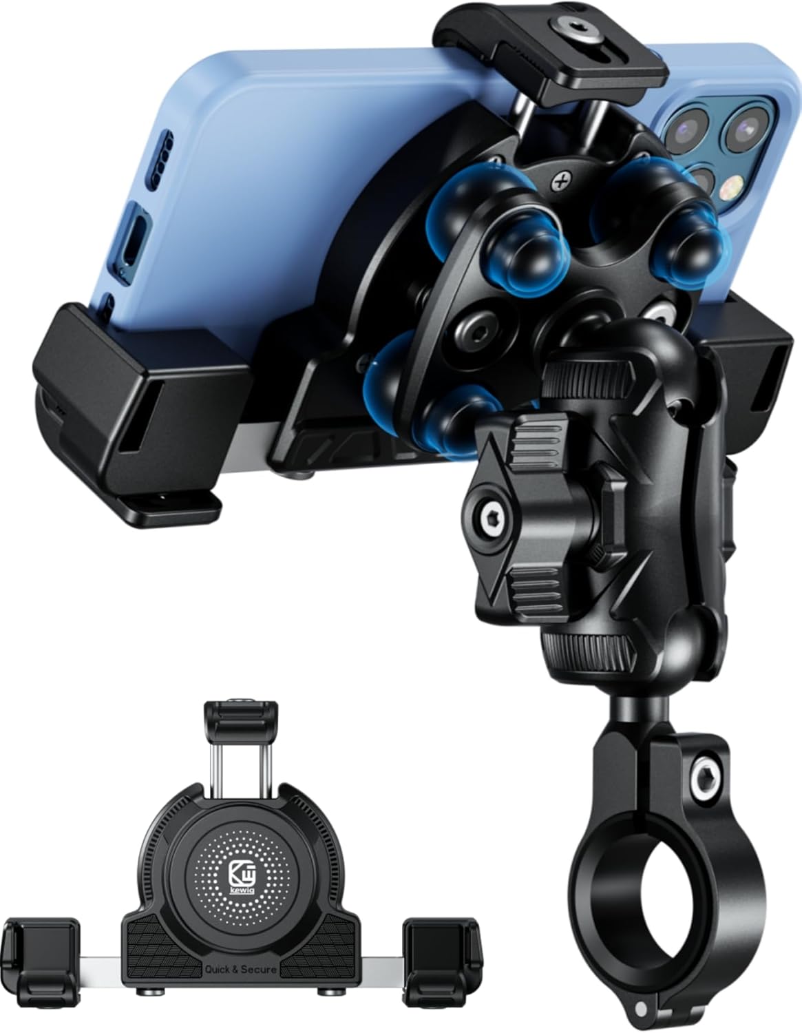 Kewig Motorcycle Phone Mount with Vibration Dampener & Not Block Camera, Safely Anti-Theft Motorycle Phone Holder Handlebar Cellphone Mount for Bike Motorcycle Scooter ATV/UTV Fit 5.4-7.2" Phone