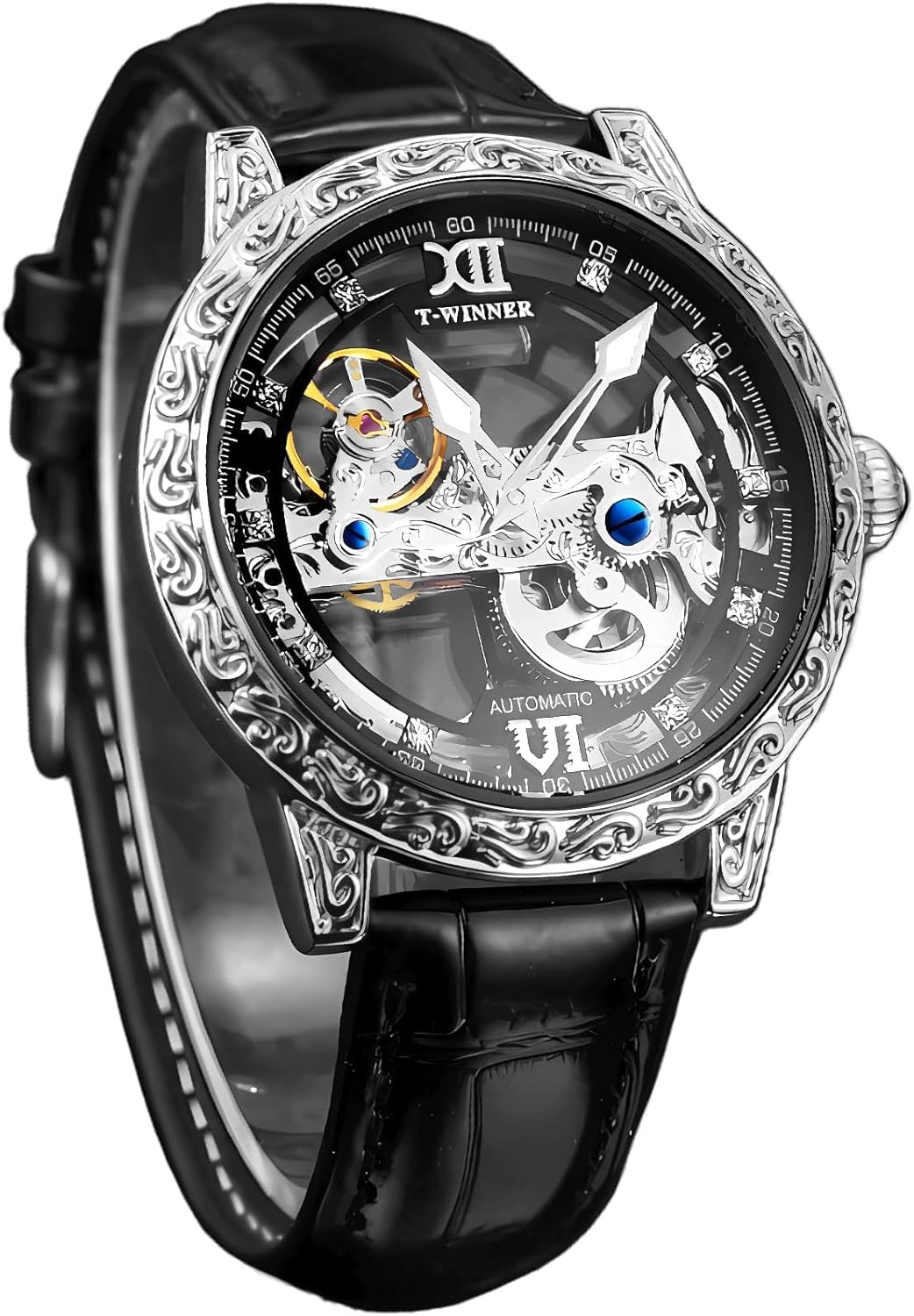 FORSINING Men Vintage Mechanical Self-Wind Watch, Gorgeous Carving Totem Bezel，Luxury Double-Sided Hallow Skeleton Dail with Diamond Scale Automatic Watches, Big Dial Leather Strap Wristwatch