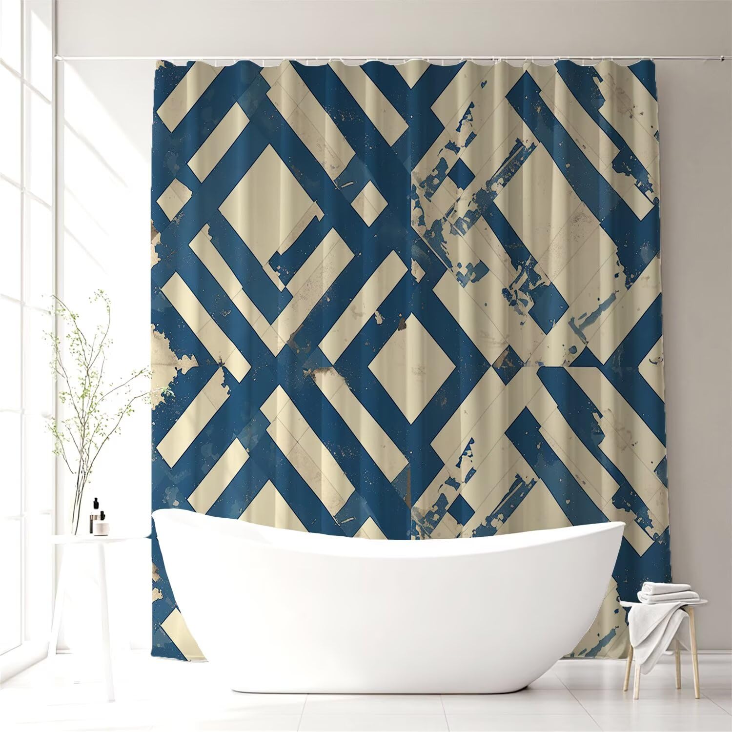 Wy-204 zasłona prysznicowa, niebieska, geometryczna, 180 x 220 cm, z 12 pierścieniami, wodoszczelna, z poliestru