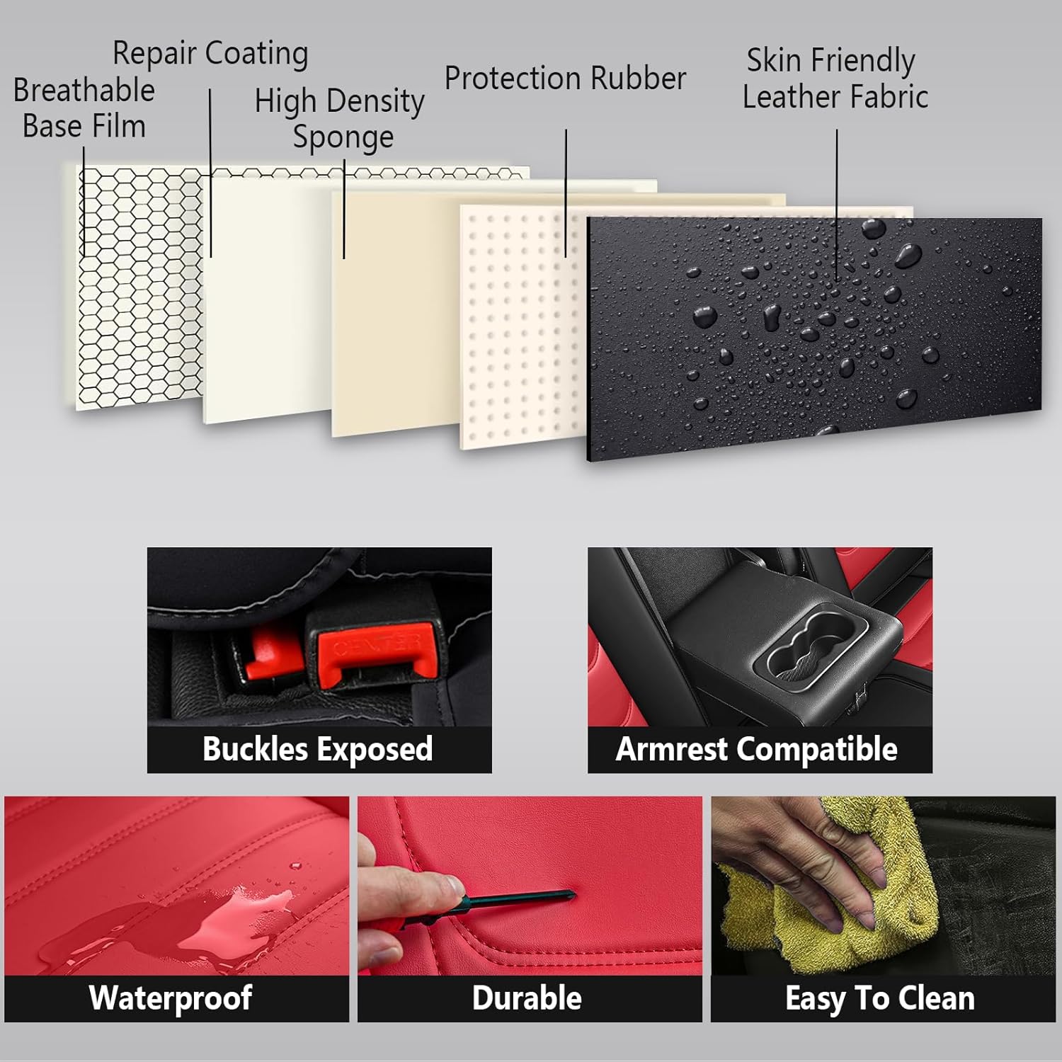 Car Seat Covers for Toyota Rav4 2006-2025, Premium Nappa Leather Seat Cover Full Set,Waterproof & Anti-Slip Front Rear Seat Protectors(Standard Front Row/Black Red)