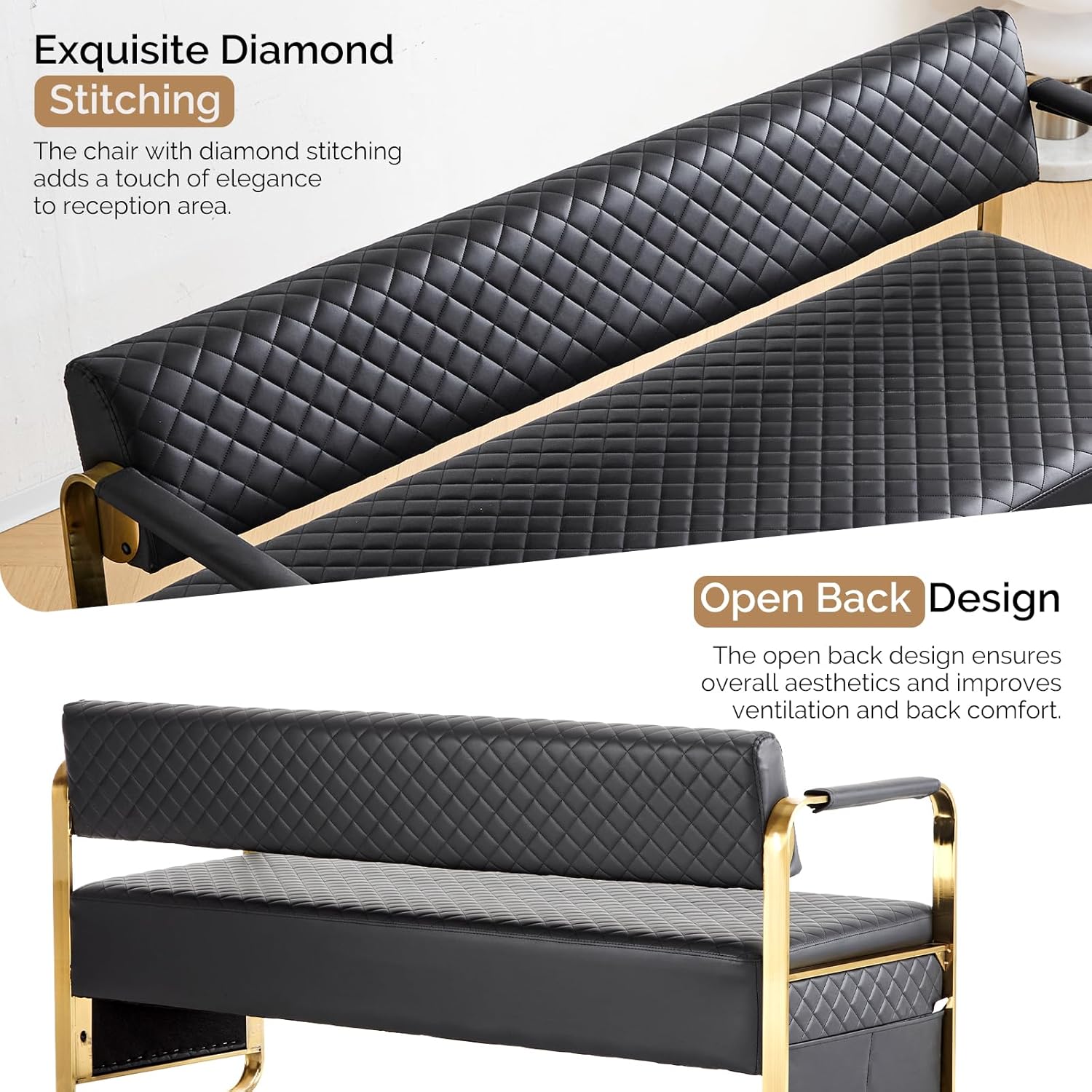 OmySalon Waiting Room Chairs with Arms, 57.5’’ Office Guest Chair upholstered Bench Seating, Reception Furniture for Beauty Salon Barbershop Airport Bank Hall Room Conference, Black&Gold