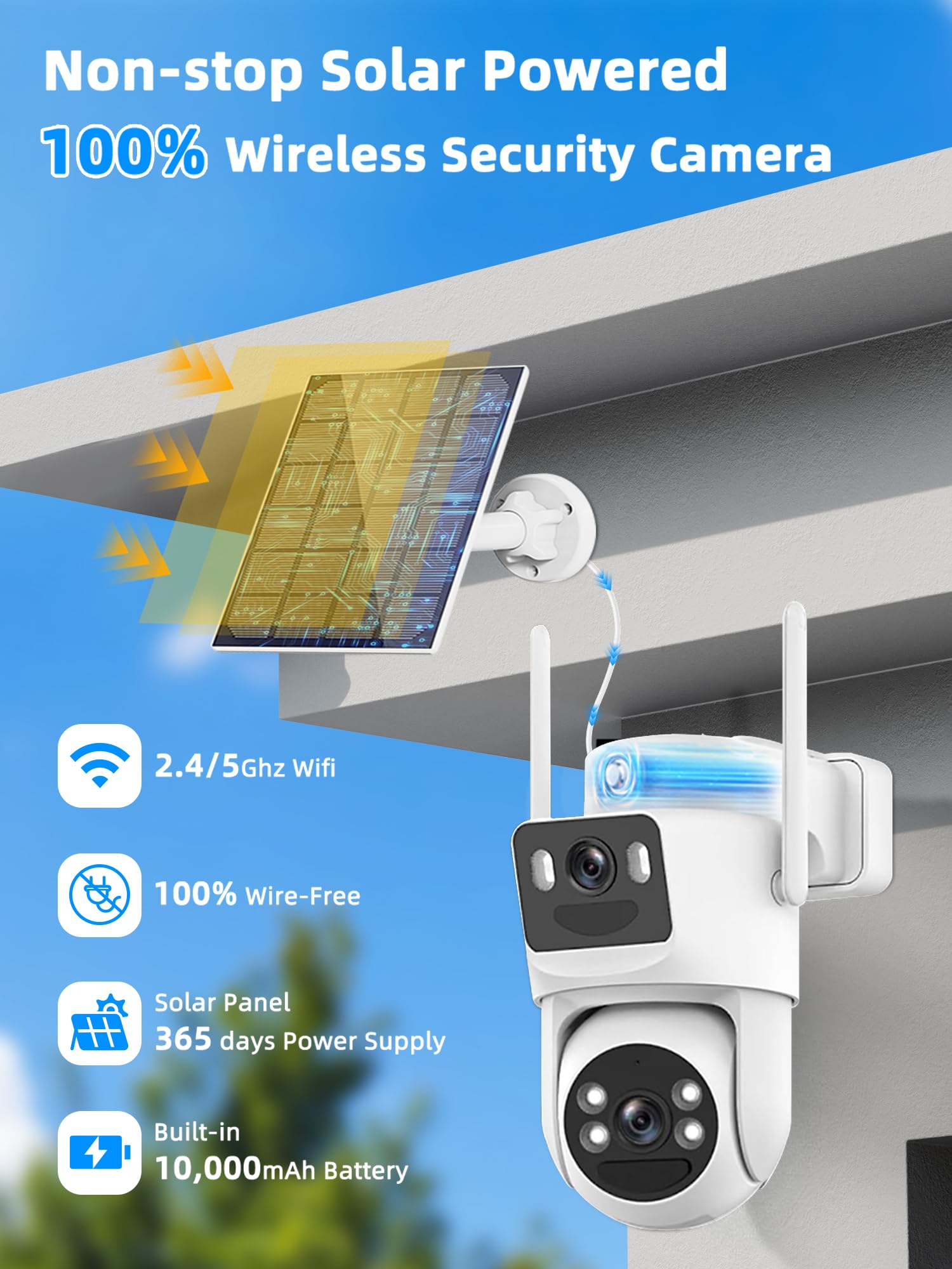 Caméra Surveillance WiFi Extérieure Solaire 8MP - Double Objectif, PTZ 360°, Vision Nocturne Couleur, Suivi Automatique