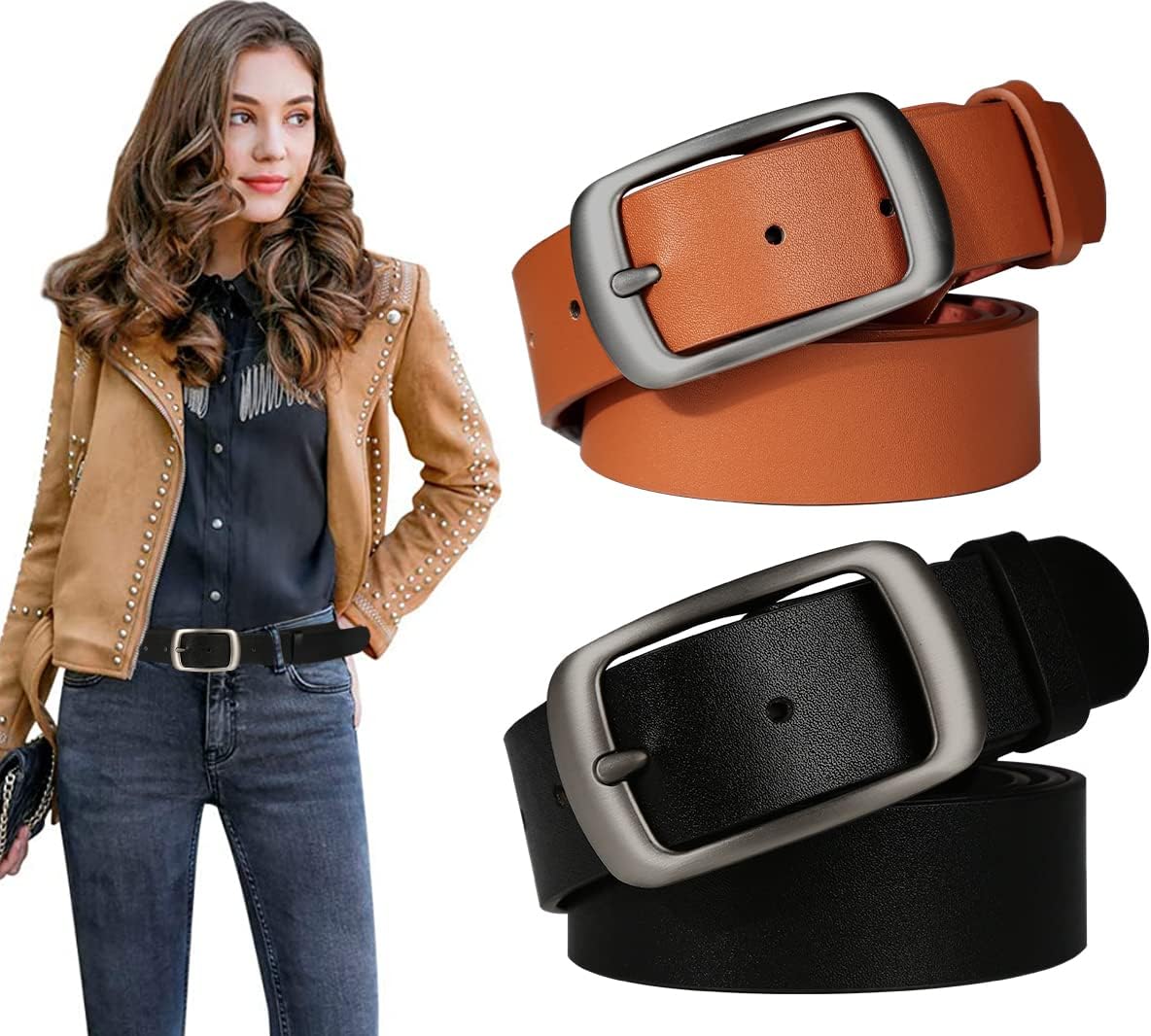 Ssumday2 Pack Women's 1.3" Leather Belts for Jeans Pants Dresses with Fashion Alloy Pin Buckle
