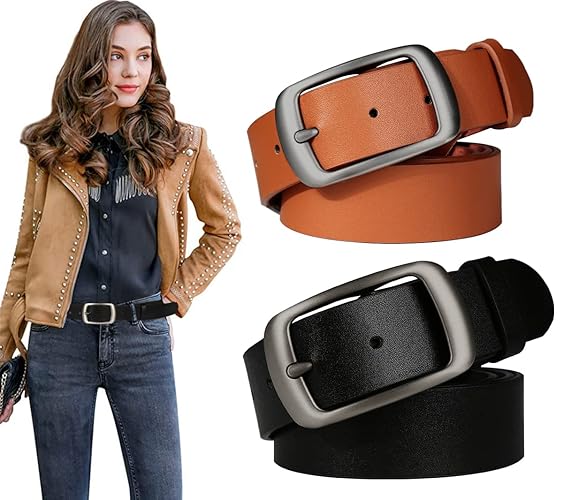 Ssumday 2 Pack Women's 1.3" Leather Belt for Jeans Pants Dresses with Retro Alloy Buckle - A-black+brown - S for waist 26-30"